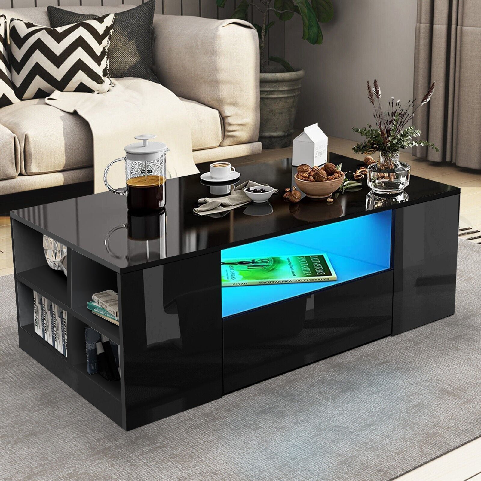 LED Coffee Table Wooden 2 Drawer Storage High Gloss Modern Living Room Furniture