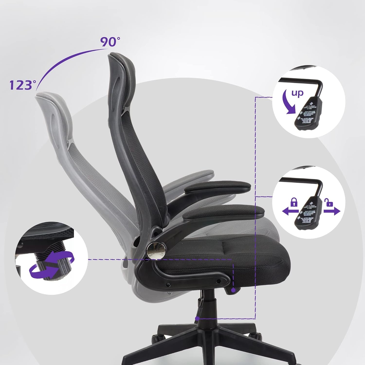 .Ergonomic Desk Chair, Swivel Chair With Adjustable Lumbar Support, Headrest And Armrest, Height Adjustment and Rocker Function, Back-Friendly Office Chair Black