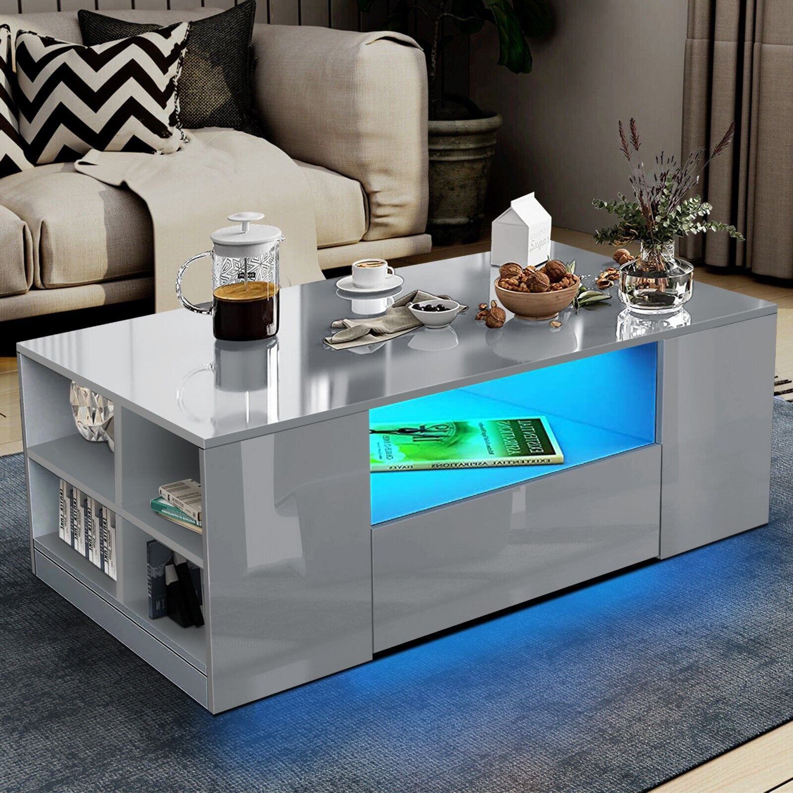 LED Coffee Table Wooden 2 Drawer Storage High Gloss Modern Living Room Furniture