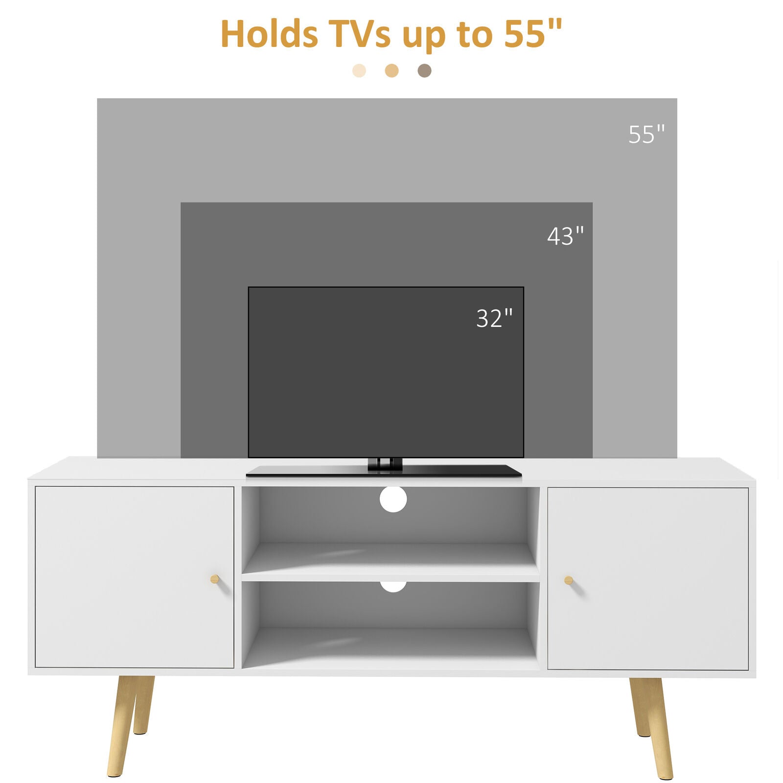 TV Stand Cabinet with Cable Management and Wood Legs Living Room, White