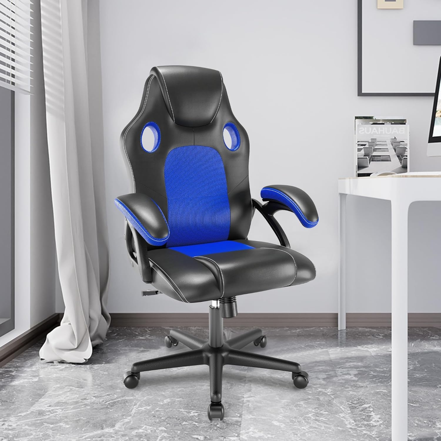 Gaming chair Office Swivel Computer Work Desk Ergonomic Chair Racing Leather PC gaming (Blue)