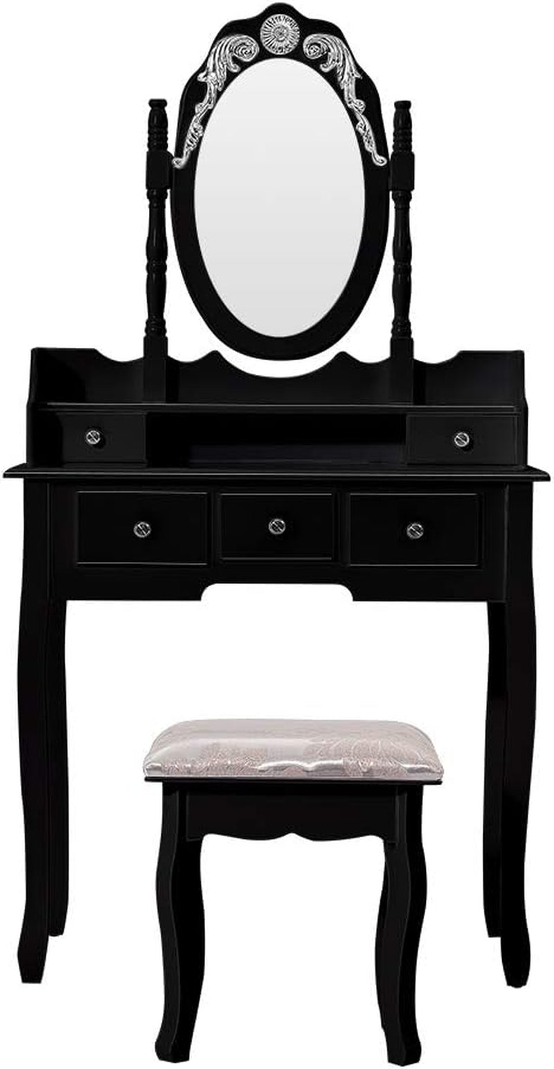 Dressing Table 5 Drawer Stool White Mirror Bedroom Makeup Desk Dresser (Black)