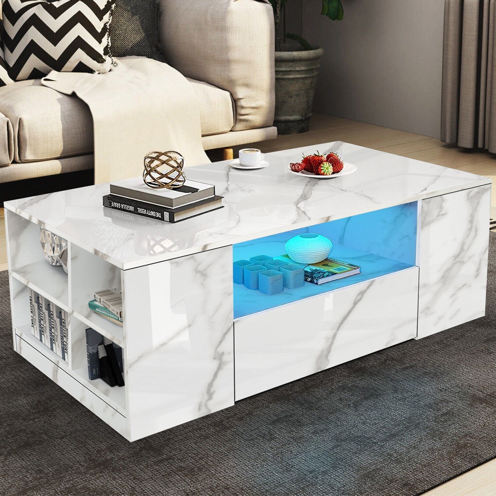 LED Coffee Table Wooden 2 Drawer Storage High Gloss Modern Living Room Furniture