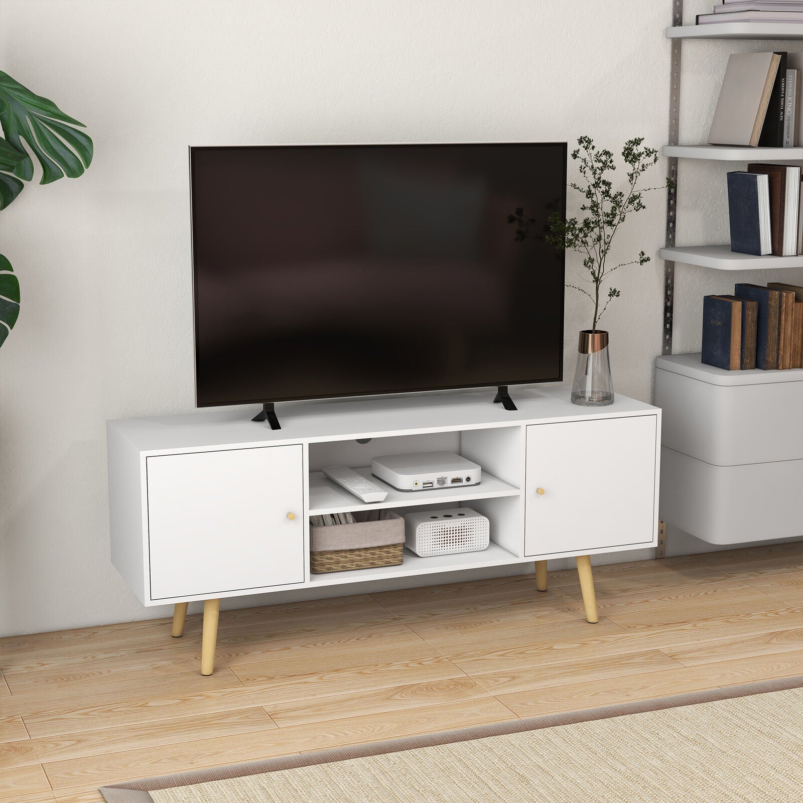 TV Stand Cabinet with Cable Management and Wood Legs Living Room, White