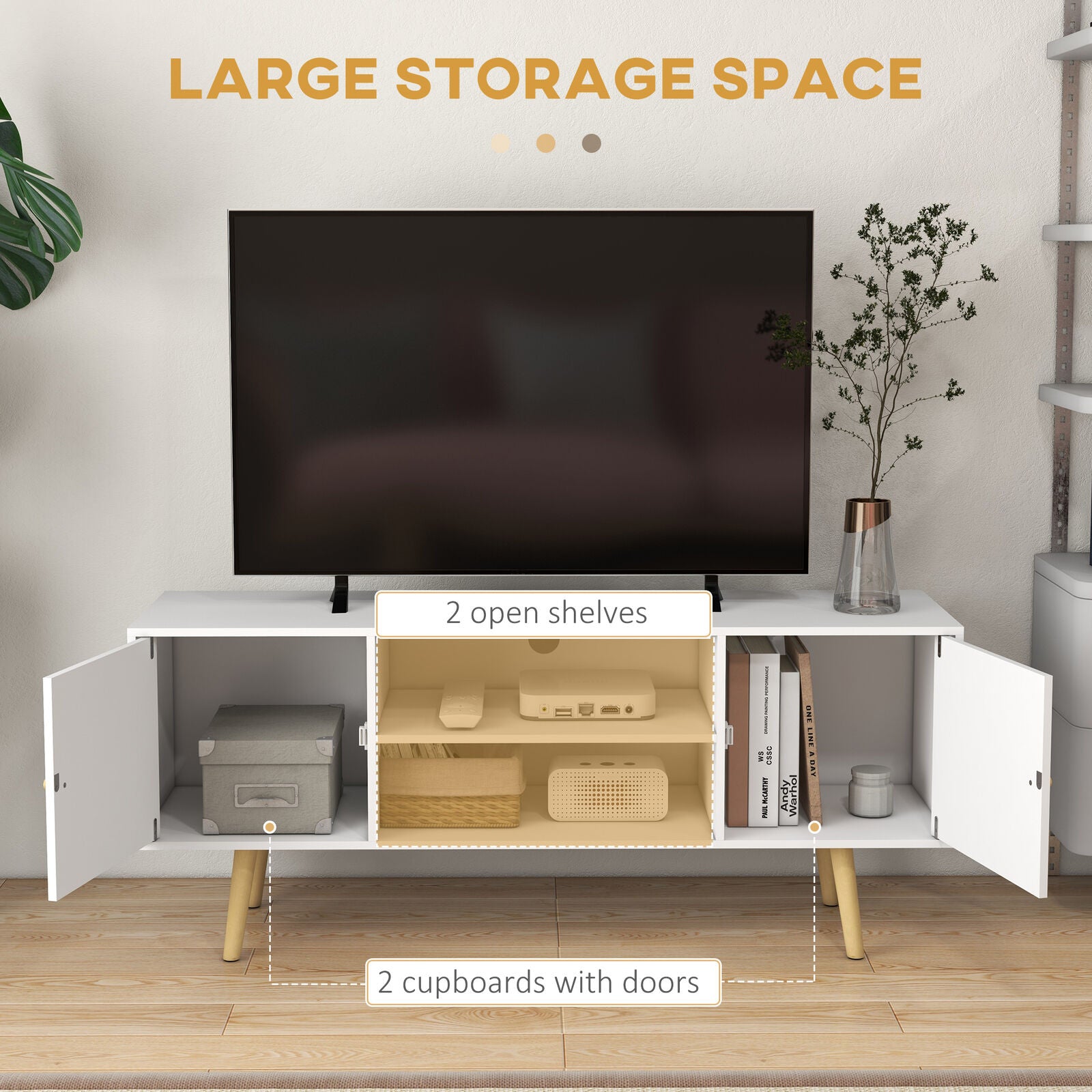 TV Stand Cabinet with Cable Management and Wood Legs Living Room, White