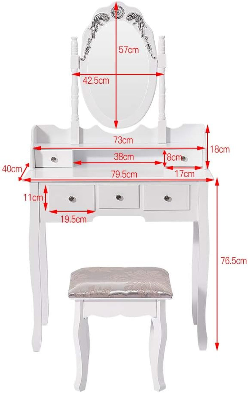 Dressing Table 5 Drawer Stool White Mirror Bedroom Makeup Desk Dresser (Black)