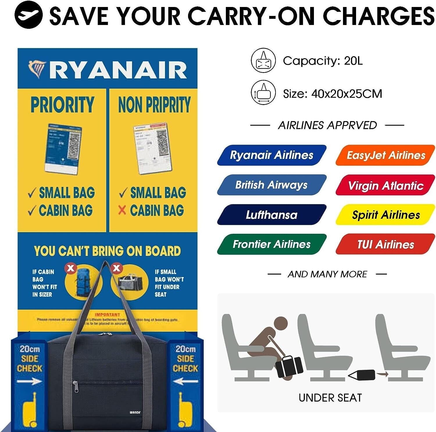 Ryanair Under seat Cabin Bag Carry Flight Travel Hand Luggage Case 40x25x20cm