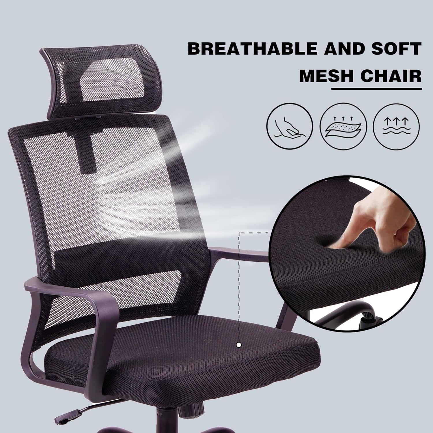 . Adjustable headrest Office Chair Ergonomic Mesh Swivel Chair Office chair Desk Chair Lumbar Support Height Adjustable 360°Swivel Rocking Function Mesh Back Seat For Home Office(Black)