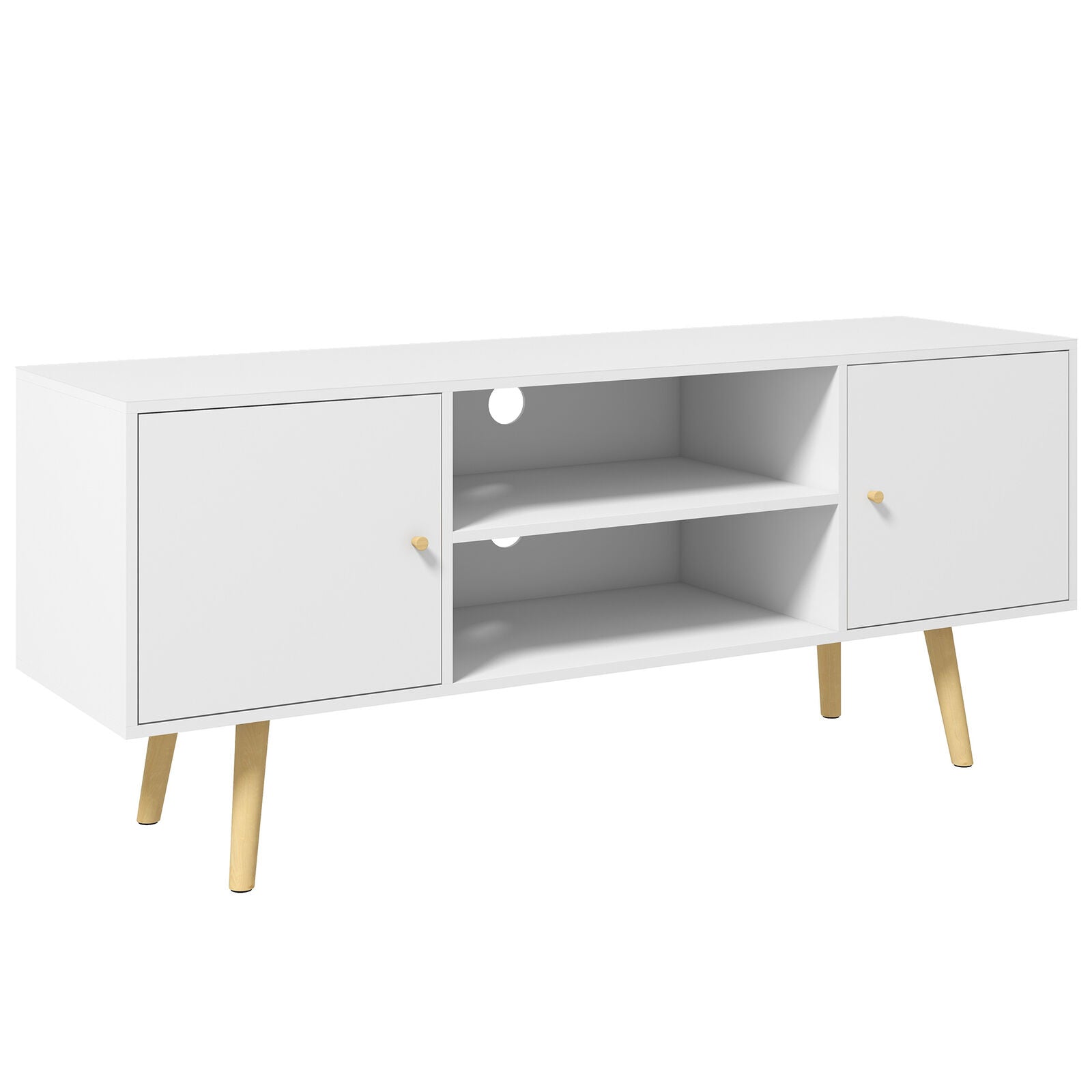 TV Stand Cabinet with Cable Management and Wood Legs Living Room, White