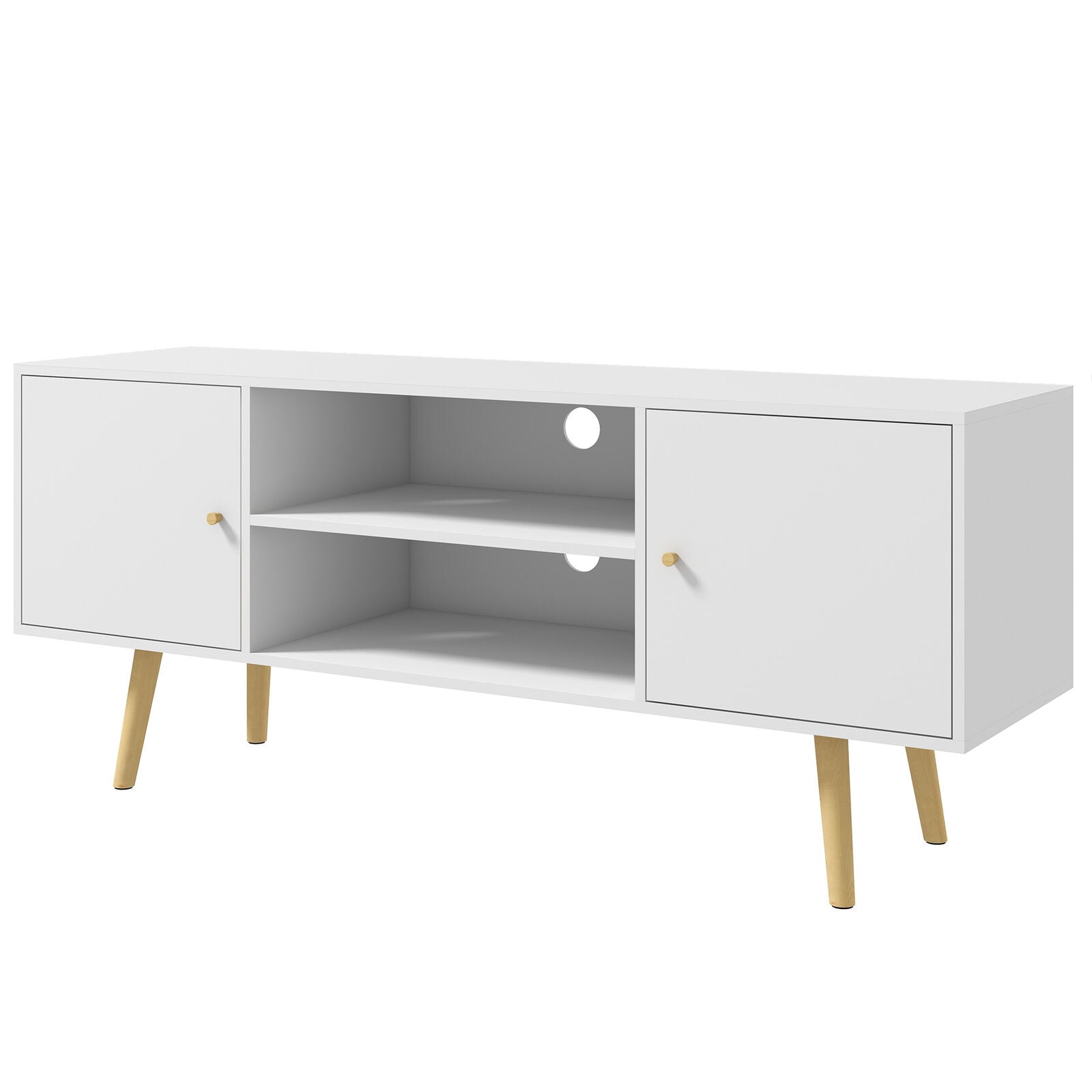 TV Stand Cabinet with Cable Management and Wood Legs Living Room, White