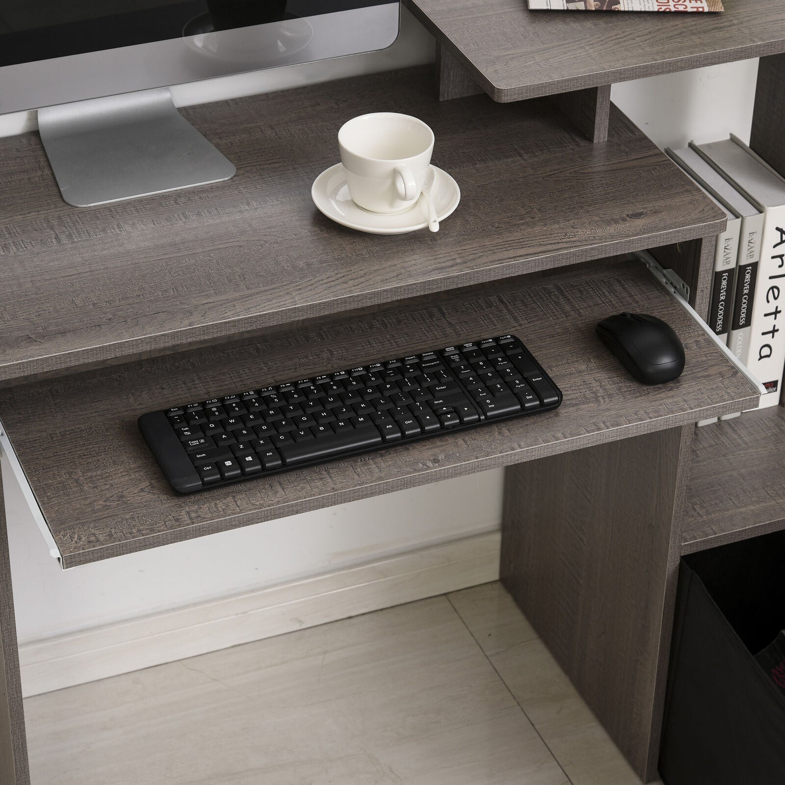 Computer Desk with Sliding Keyboard Tray Storage Drawer Shelf Workstation Grey