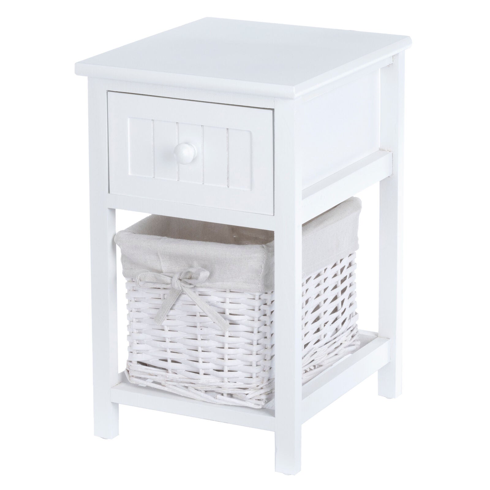 Shabby Chic Bedside Table Drawers Cabinet 1 Wicker Storage Wooden White