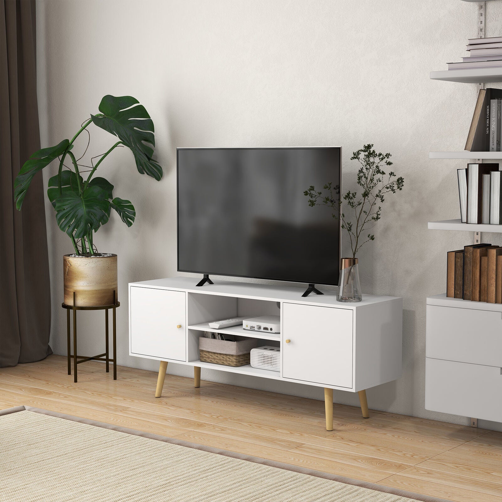 TV Stand Cabinet with Cable Management and Wood Legs Living Room, White