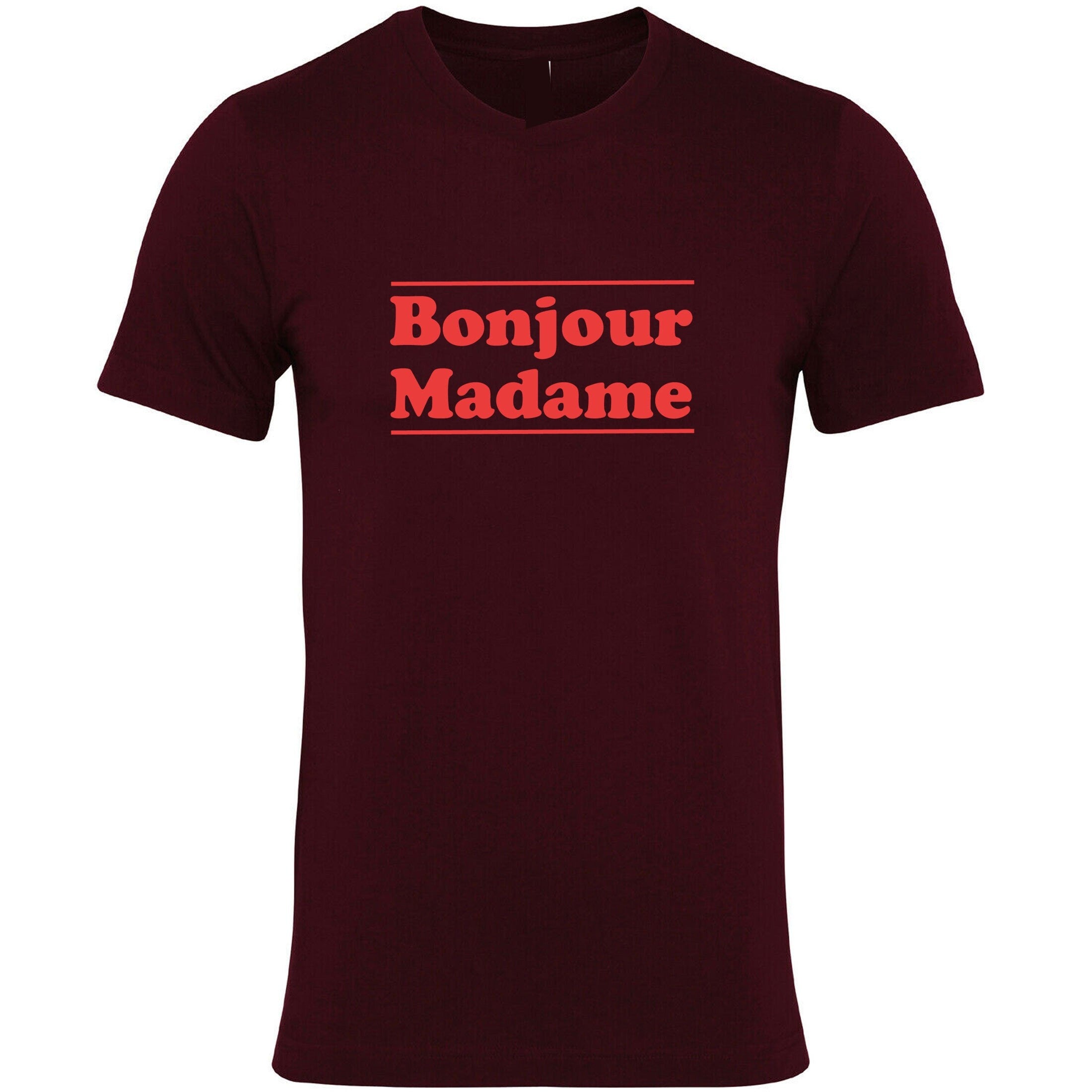 Bonjour madame tshirt t-shirt t shirt tee shirt hello madam greetings in french mens unisex womens ladies top funny tour to france gift