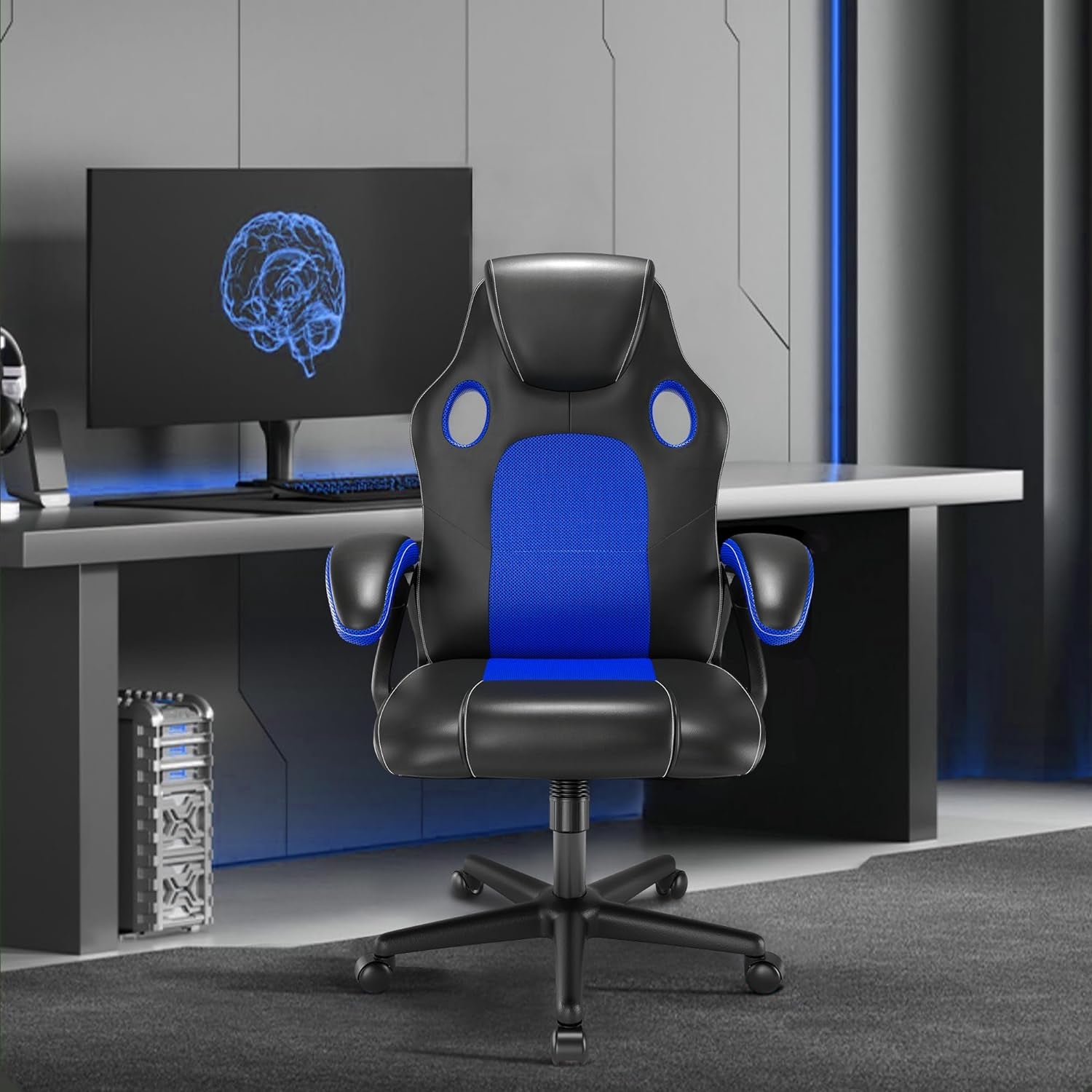 Gaming chair Office Swivel Computer Work Desk Ergonomic Chair Racing Leather PC gaming (Blue)