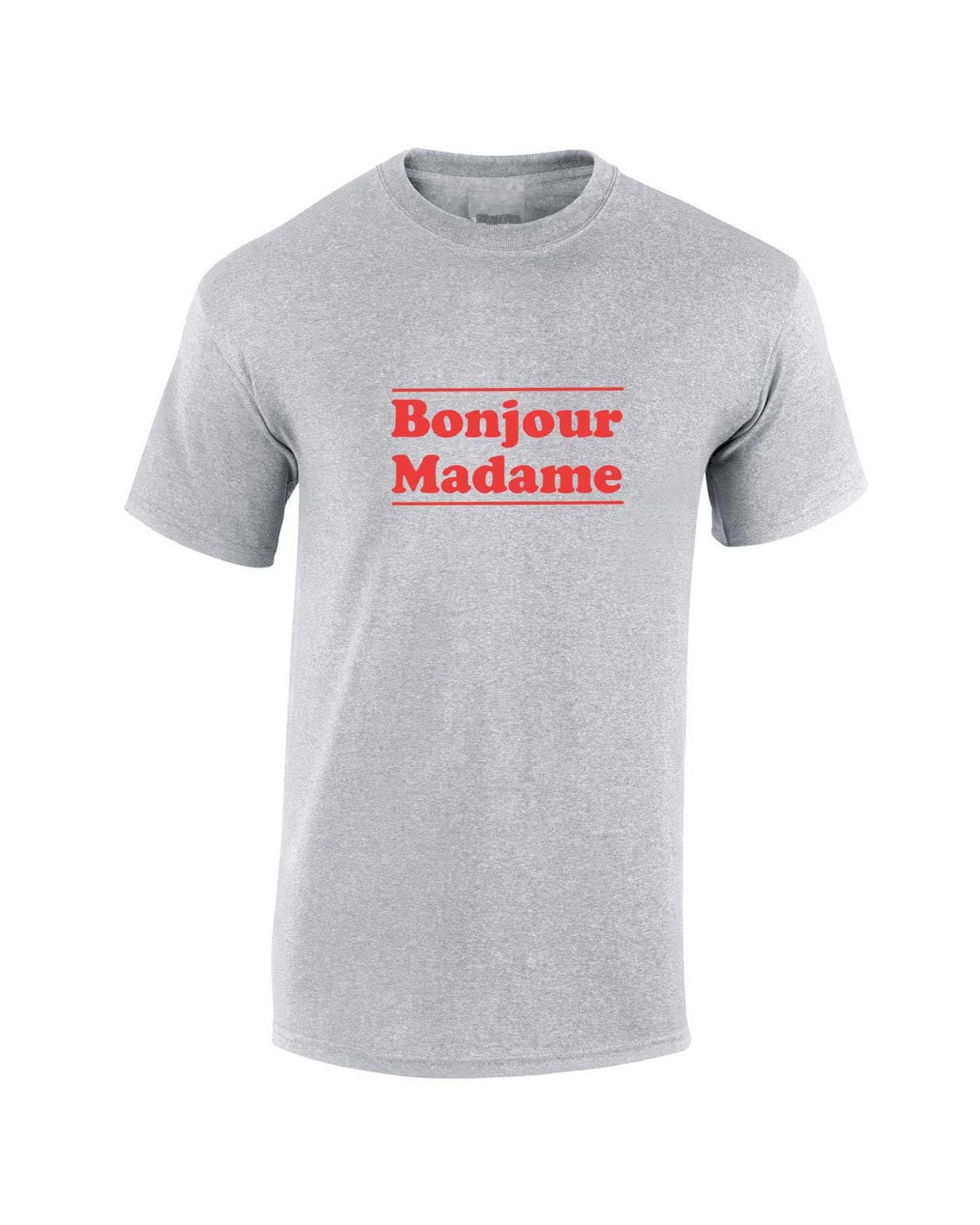 Bonjour madame tshirt t-shirt t shirt tee shirt hello madam greetings in french mens unisex womens ladies top funny tour to france gift