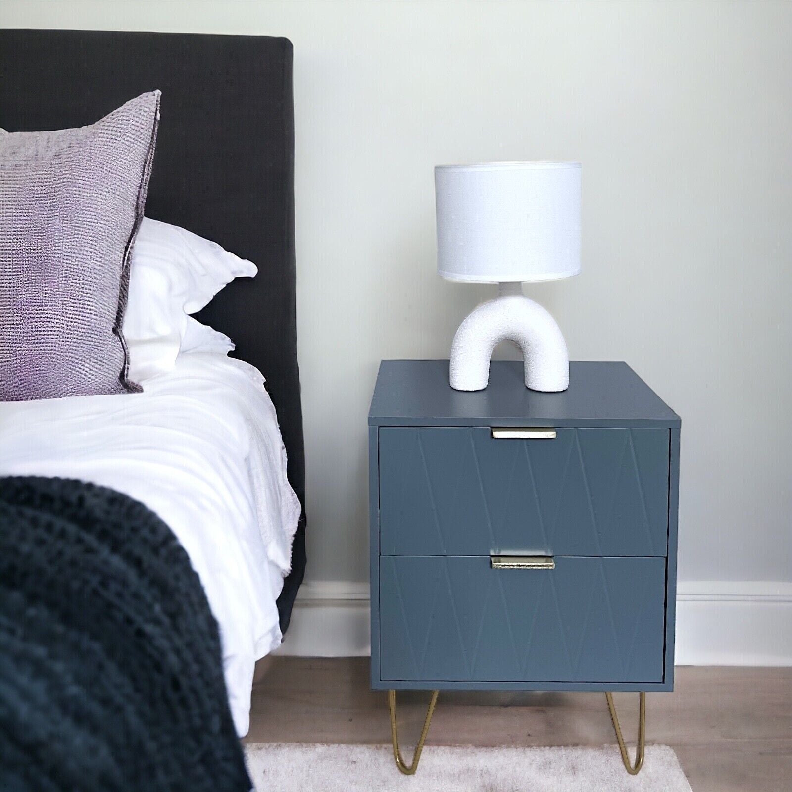 NEW Bedside Tables With 2 Drawer Gold Legs Side Table Bedroom Furniture Grey