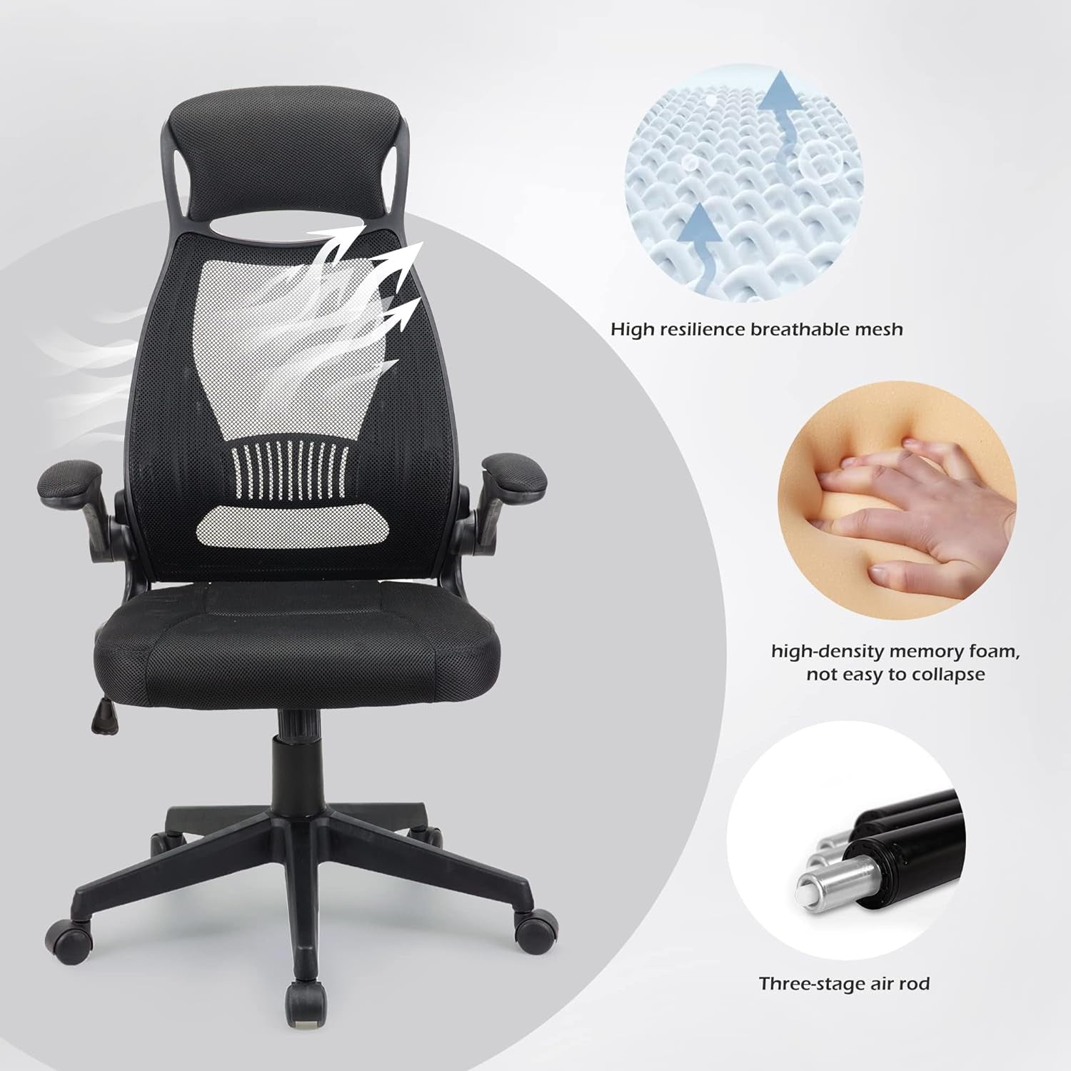 .Ergonomic Desk Chair, Swivel Chair With Adjustable Lumbar Support, Headrest And Armrest, Height Adjustment and Rocker Function, Back-Friendly Office Chair Black