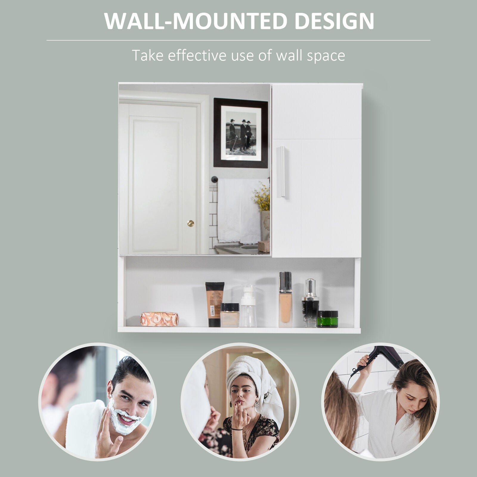 Bathroom Mirror Cabinet Wall Mount Storage Organizer w/ Door, Shelves, White