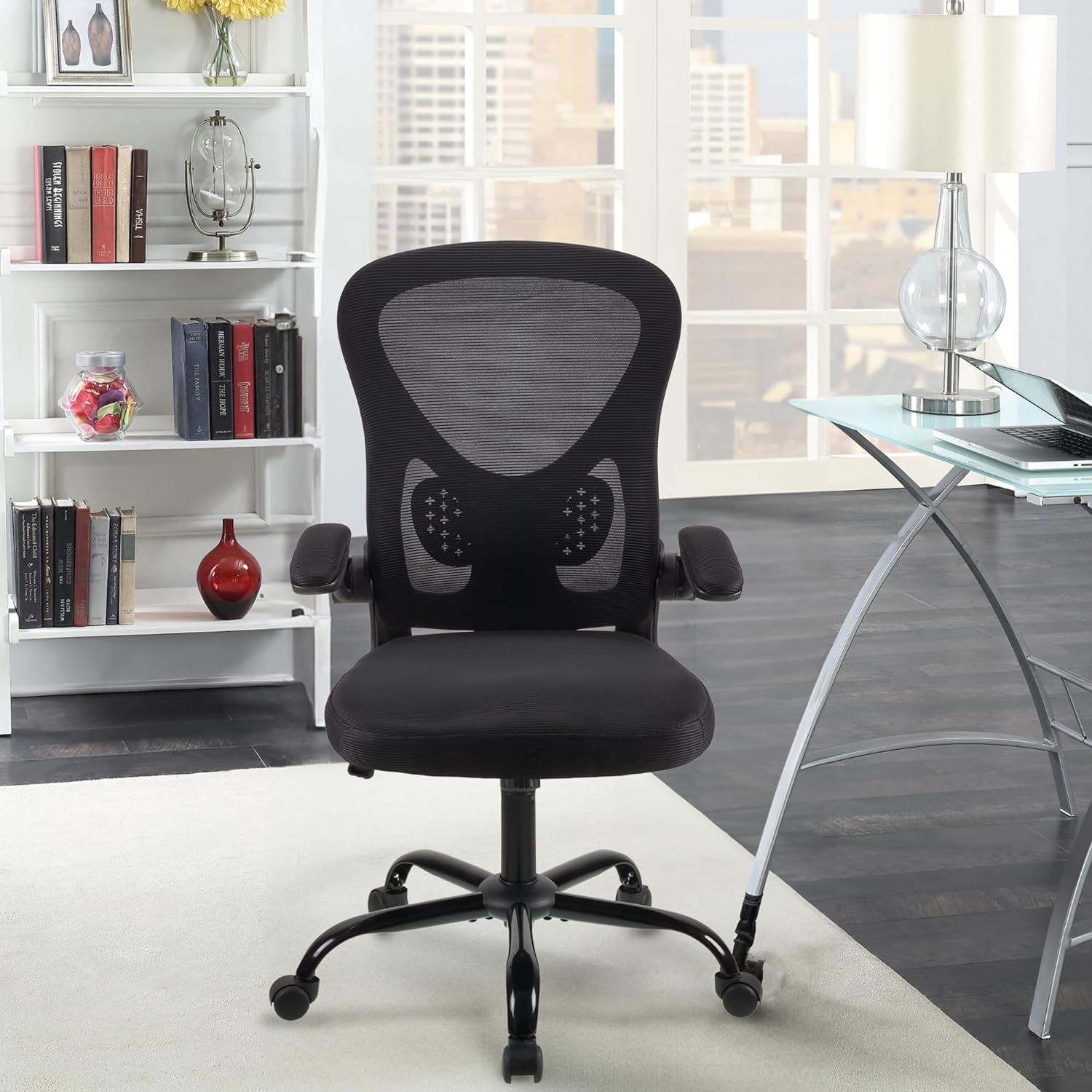 . adjustable office chair,ergonomic mesh swivel chair,office chair,desk chair,lumbar support,height adjustable,360°swivel rocking function,with 90° flip armrests,mesh back office chair (Black)