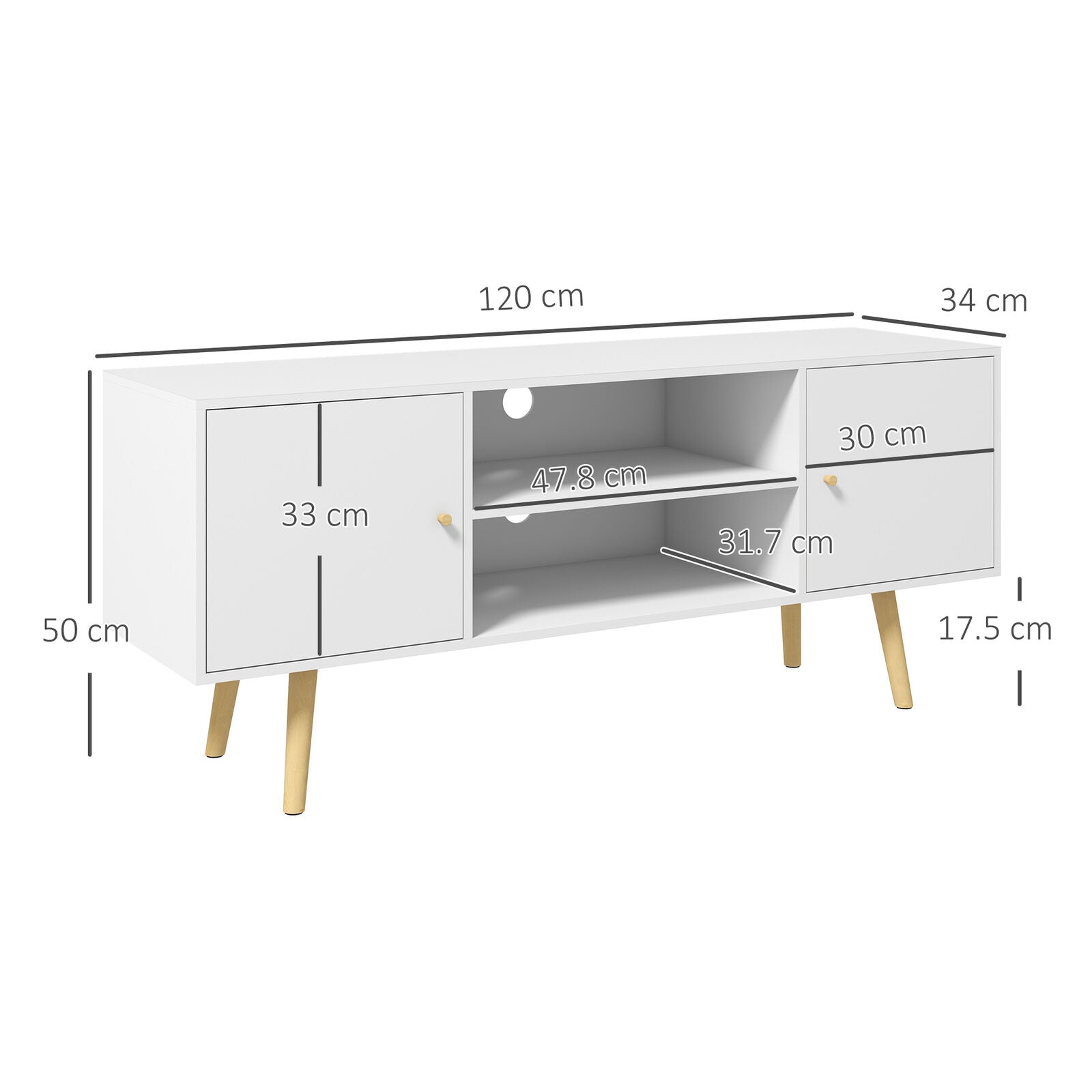 TV Stand Cabinet with Cable Management and Wood Legs Living Room, White