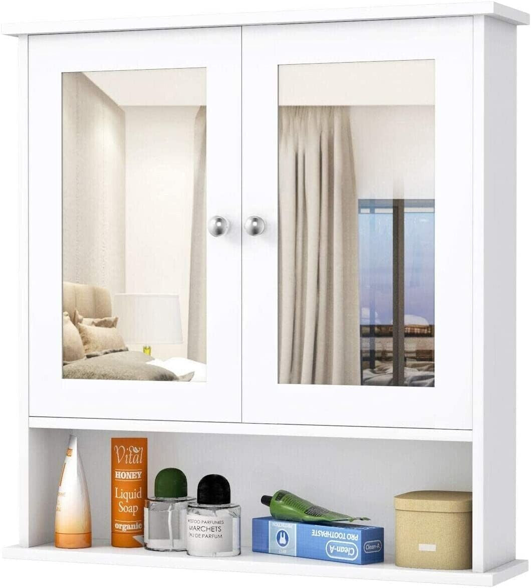 DOUBLE MIRROR DOOR BATHROOM WOODEN CABINET INDOOR WALL MOUNTABLE BATHROOM SHELF