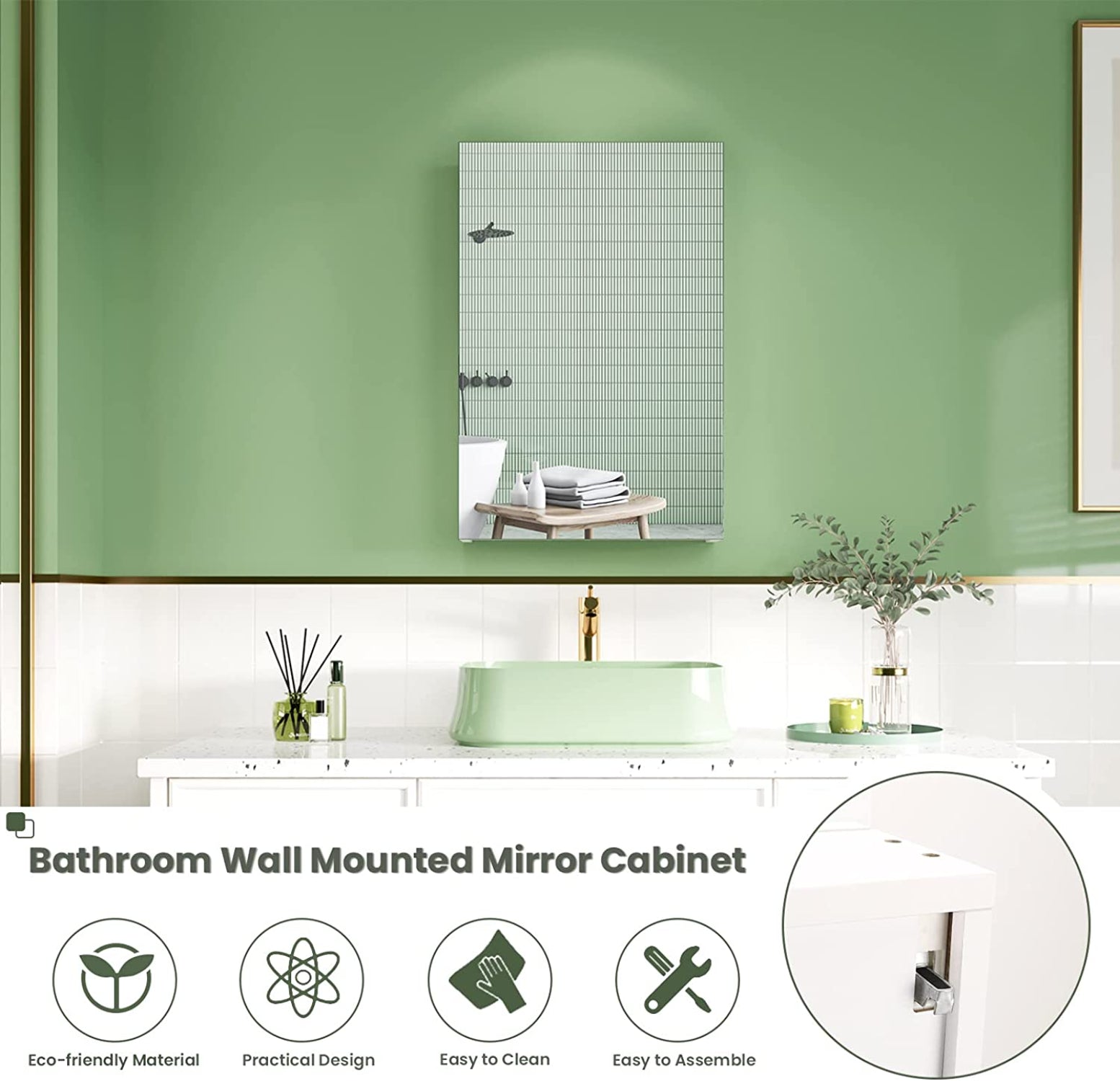 Single Door Bathroom Mirror Cabinet Wall Mounted with Adjustable Storage Shelf