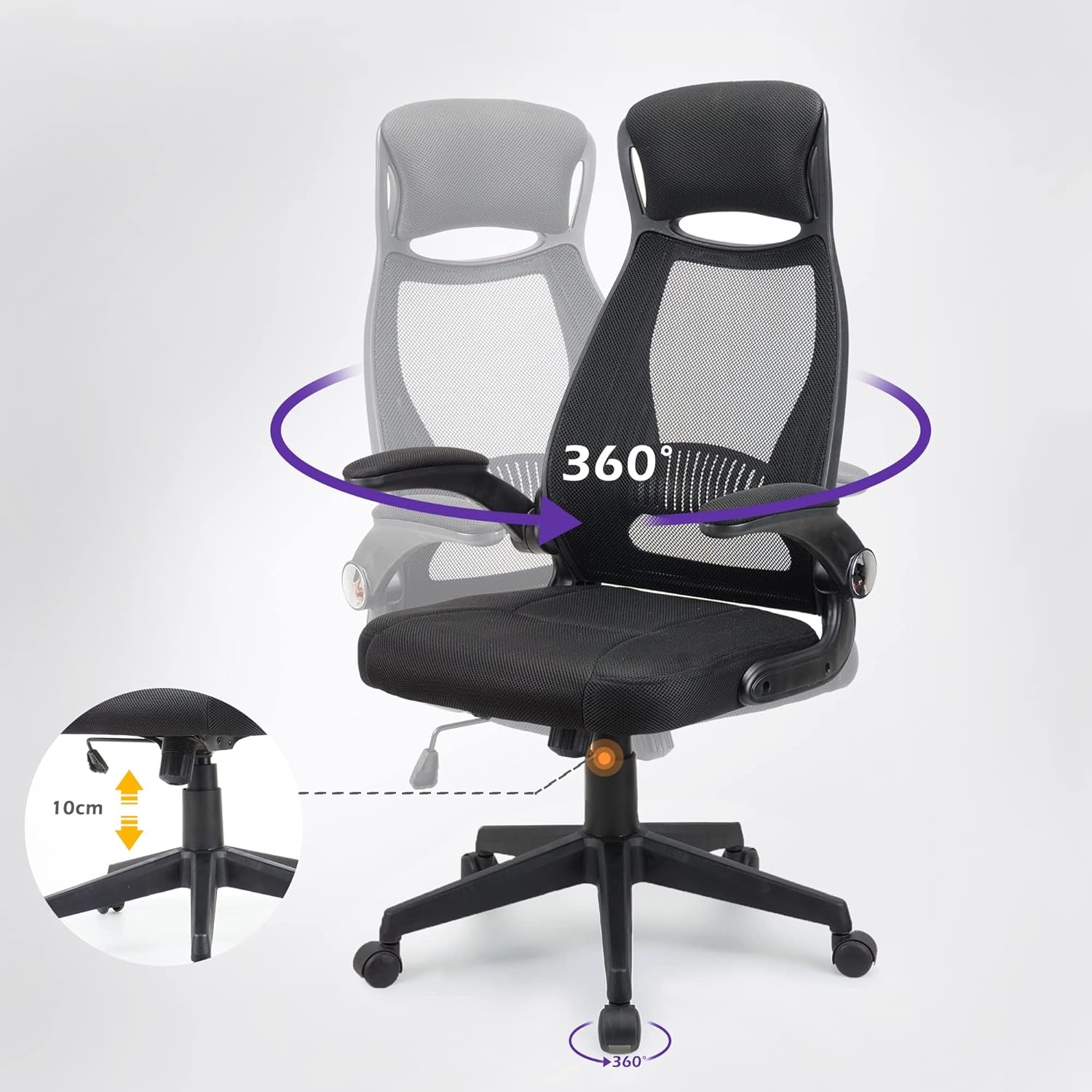 .Ergonomic Desk Chair, Swivel Chair With Adjustable Lumbar Support, Headrest And Armrest, Height Adjustment and Rocker Function, Back-Friendly Office Chair Black