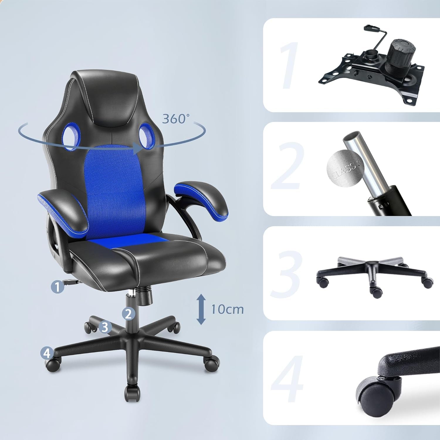 Gaming chair Office Swivel Computer Work Desk Ergonomic Chair Racing Leather PC gaming (Blue)