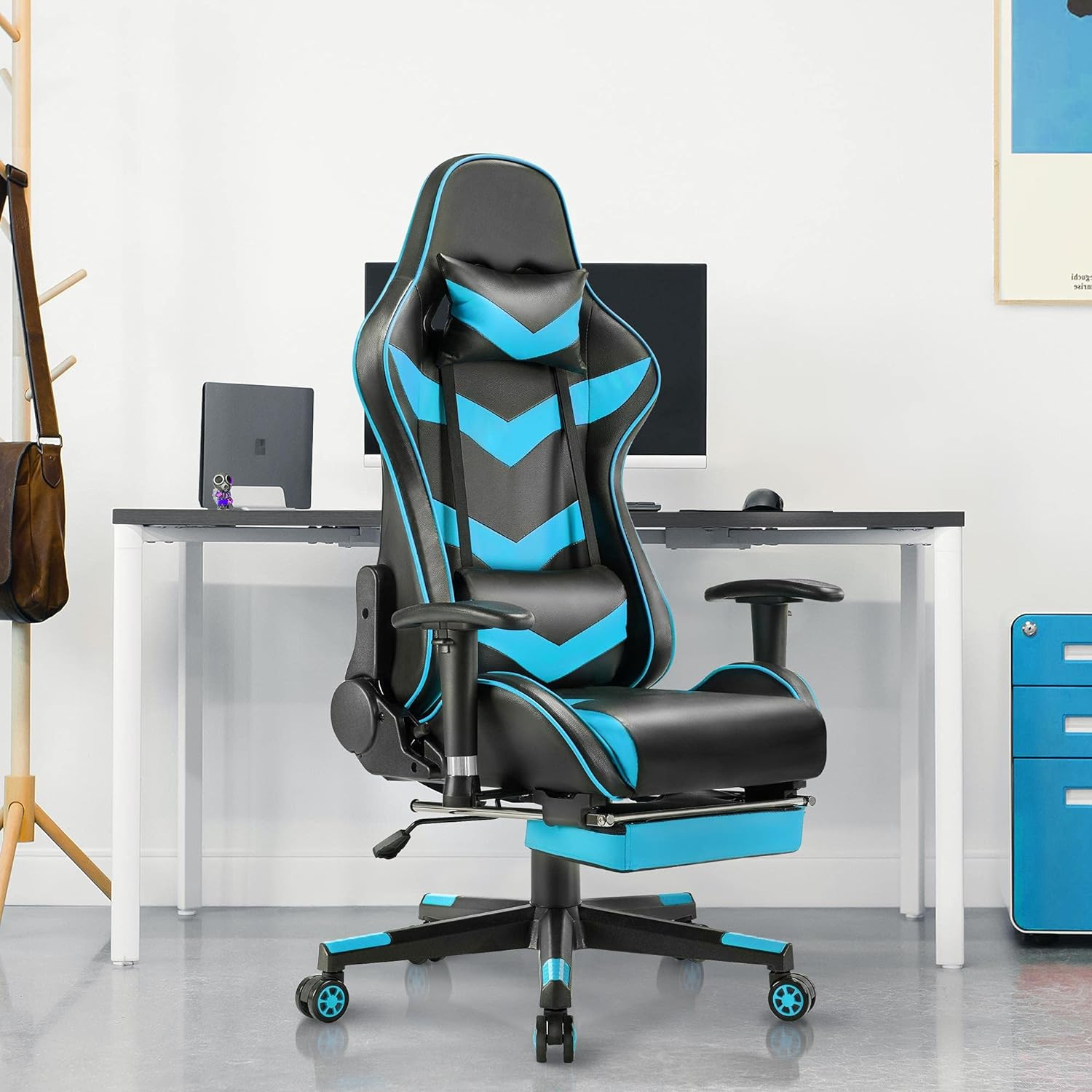 Office Desk Chair High Back Computer Chair Lumbar Support Adjustable Reclining Chair Ergonomic Swivel Chair with Footrest and Armrests (Neon Blue)