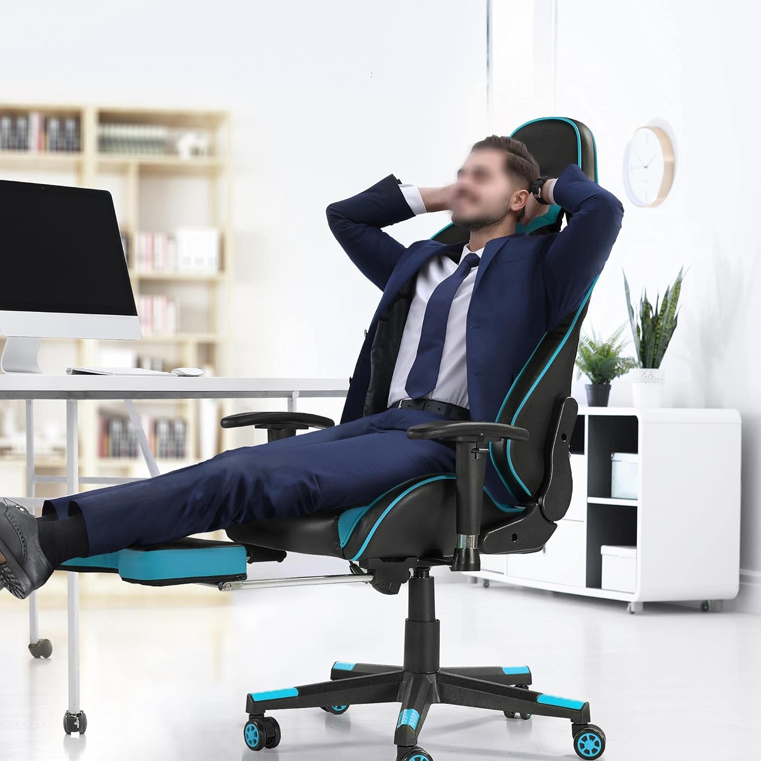 Office Desk Chair High Back Computer Chair Lumbar Support Adjustable Reclining Chair Ergonomic Swivel Chair with Footrest and Armrests (Neon Blue)