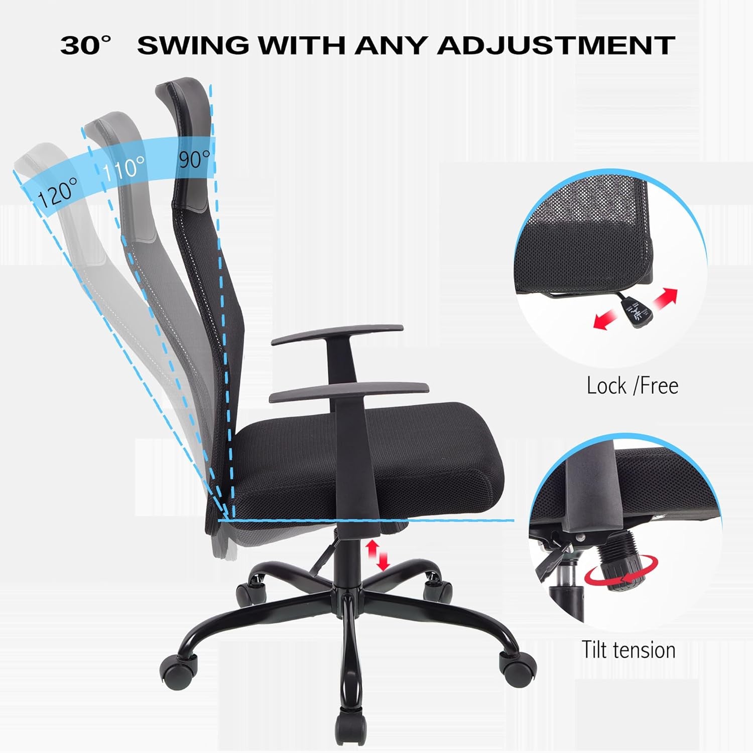 .High Back Adjustable Office Chair Ergonomic Mesh Swivel Chair Office Chair Desk Chair Headrest and Lumbar Support Height Adjustable 360°Swivel Rocking Function Mesh Back Seat for Home Office