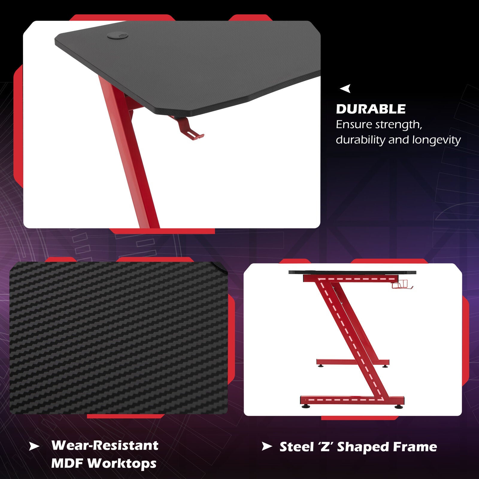 Gaming Desk Steel Frame w/ Cup Holder Headphone Hook Adjustable Feet Red