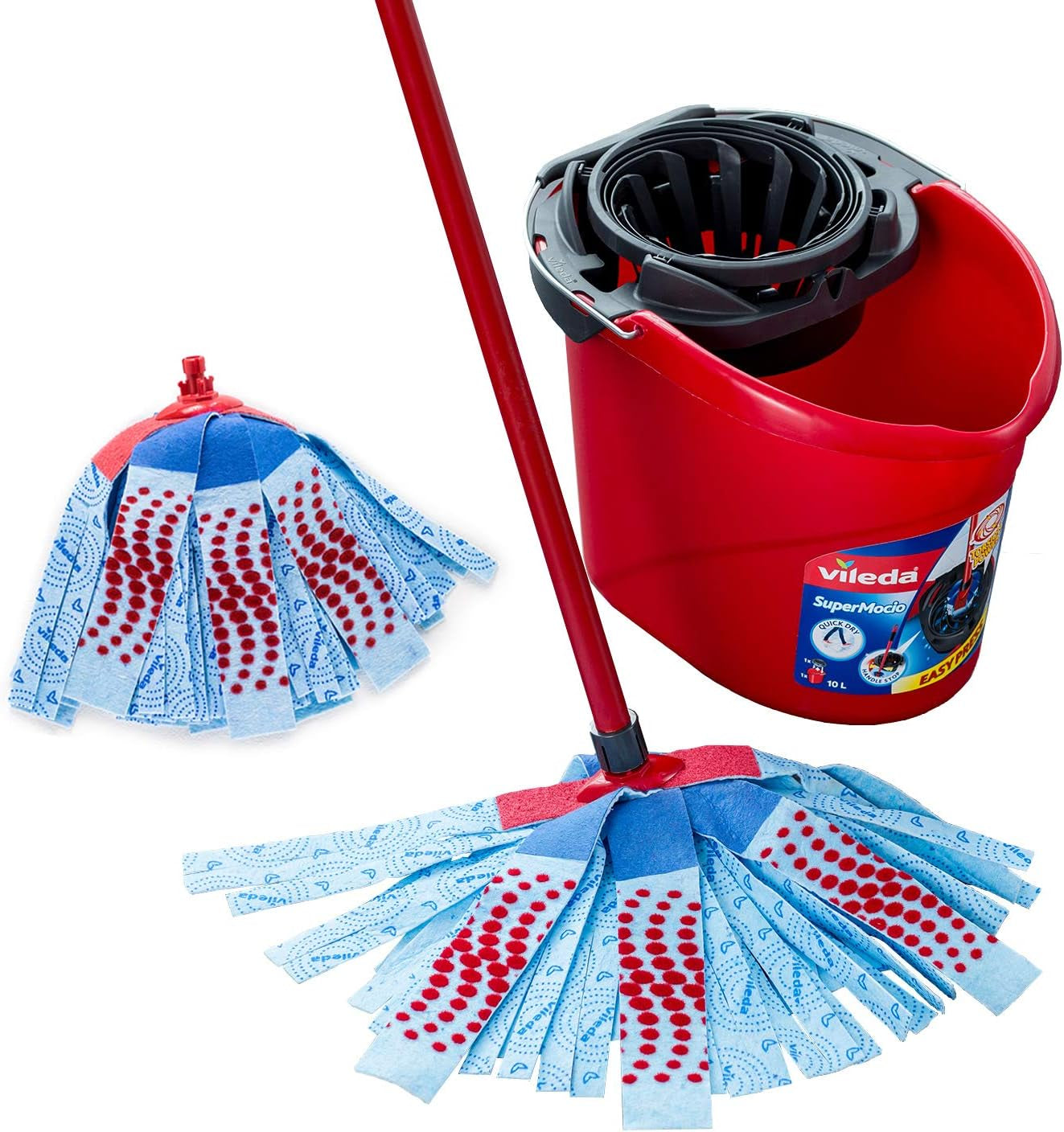 SuperMocio 3 Action Mop and Bucket Set, Mop for Cleaning Floors, Set of 1x Mop and 1 x Bucket, Red/Grey/Blue, 6 x 15 x 117 cm