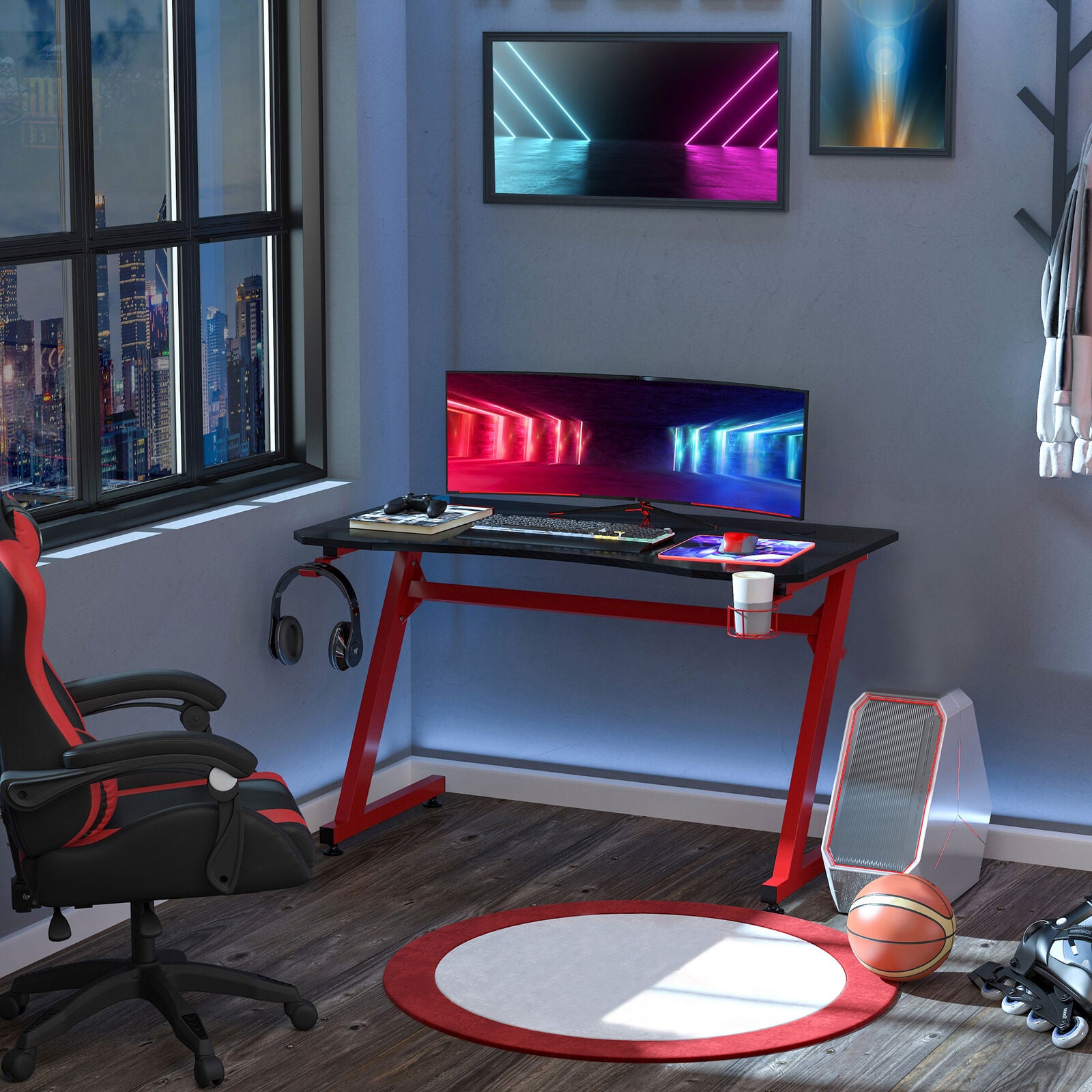 Gaming Desk Steel Frame w/ Cup Holder Headphone Hook Adjustable Feet Red