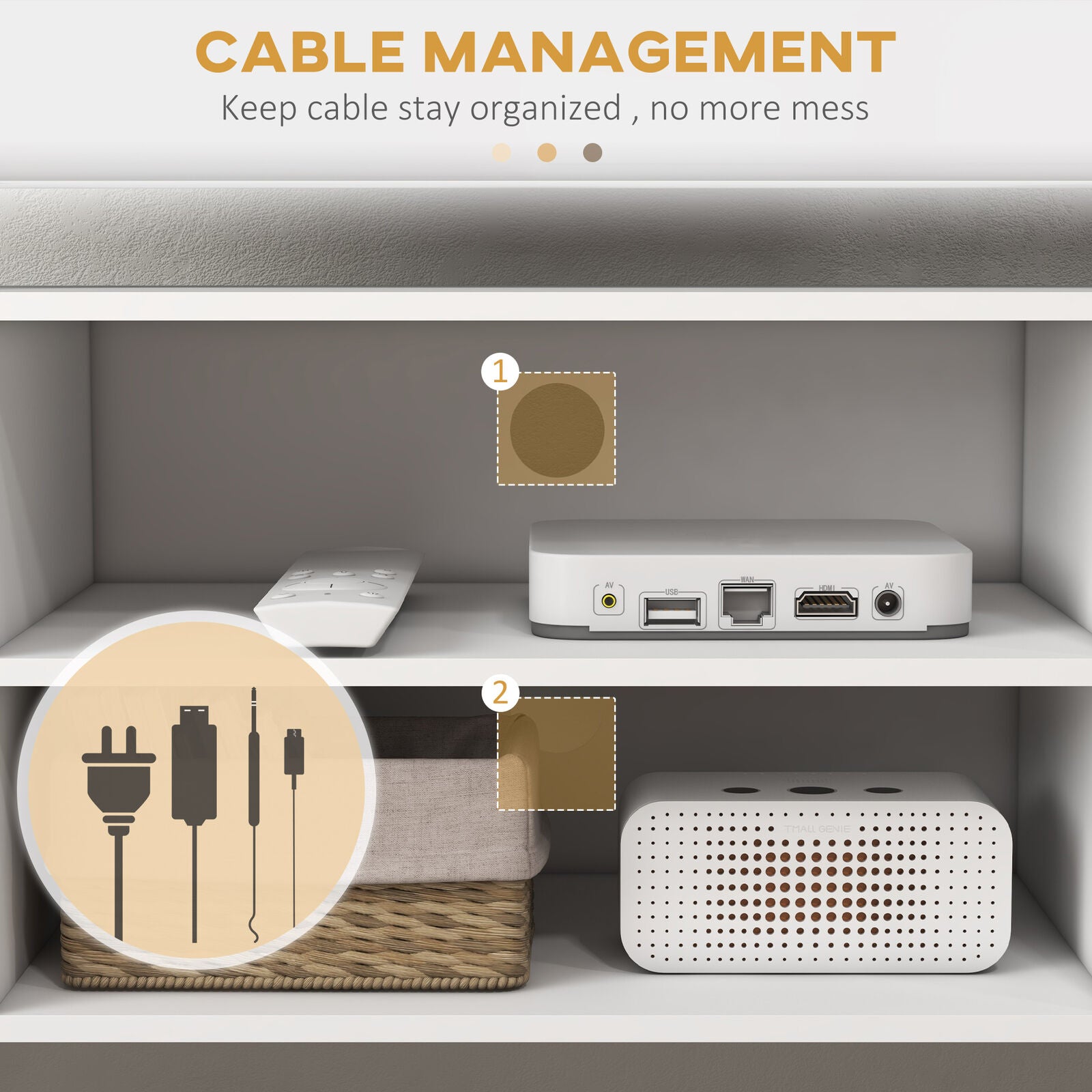 TV Stand Cabinet with Cable Management and Wood Legs Living Room, White