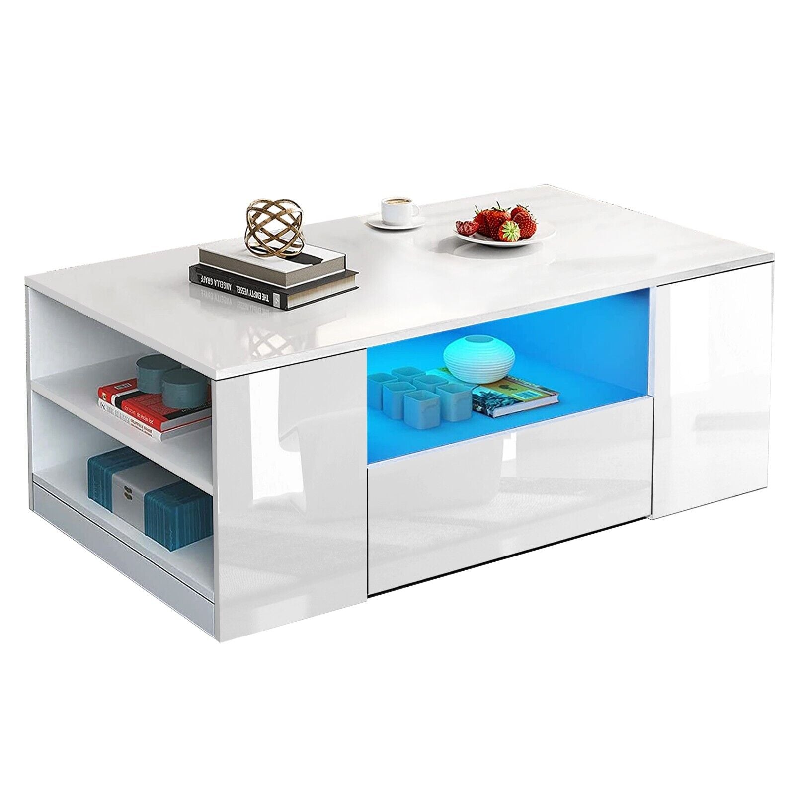 LED Coffee Table Wooden 2 Drawer Storage High Gloss Modern Living Room Furniture