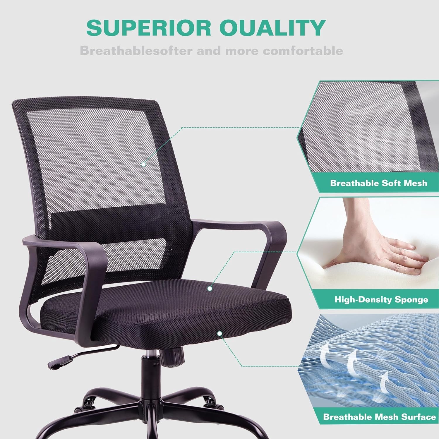 . Adjustable Office Chair Ergonomic Mesh Swivel Chair Office Chair Desk Chair Lumbar Support Height Adjustable 360°Swivel Rocking Function Mesh Back Seat for Home Office(Black)