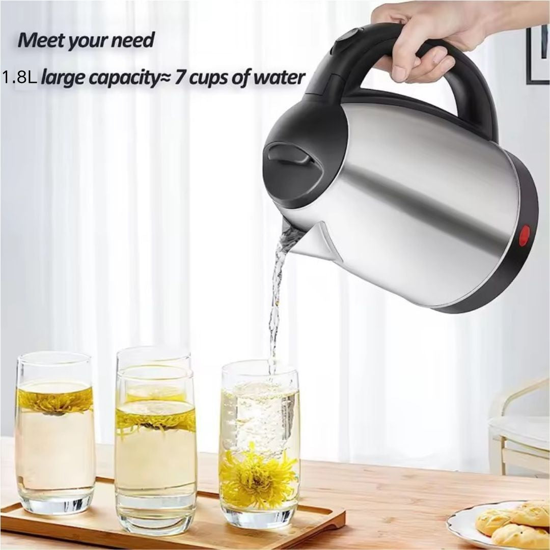 Electric Kettle Stainless Steel Cordless Jug 1.8L Overheat Protection - 1500W UK