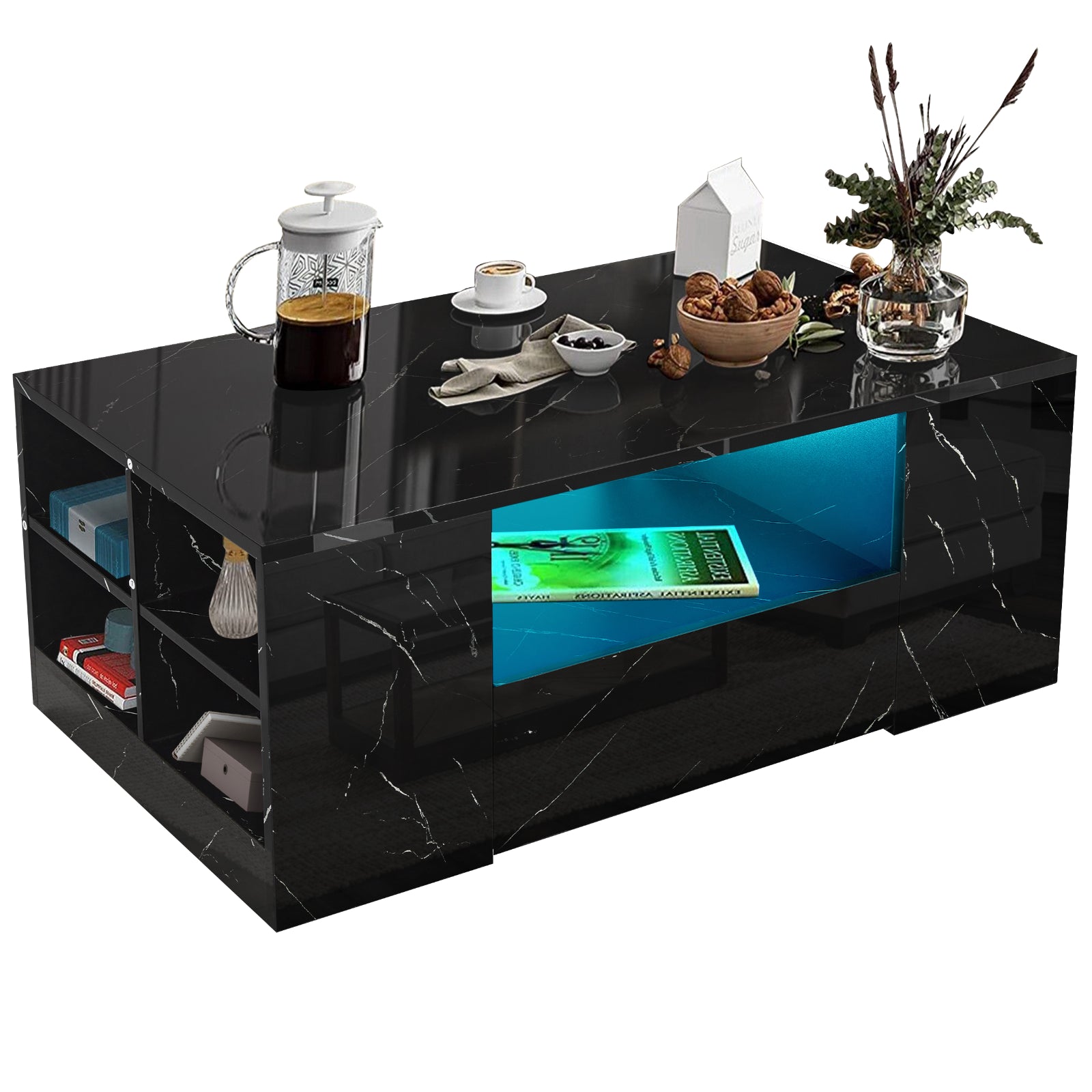 LED Coffee Table Wooden 2 Drawer Storage High Gloss Modern Living Room Furniture