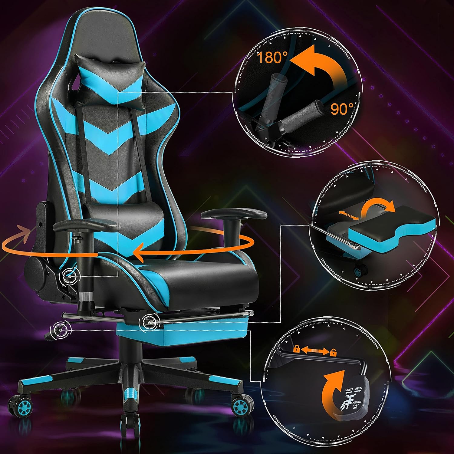 Office Desk Chair High Back Computer Chair Lumbar Support Adjustable Reclining Chair Ergonomic Swivel Chair with Footrest and Armrests (Neon Blue)