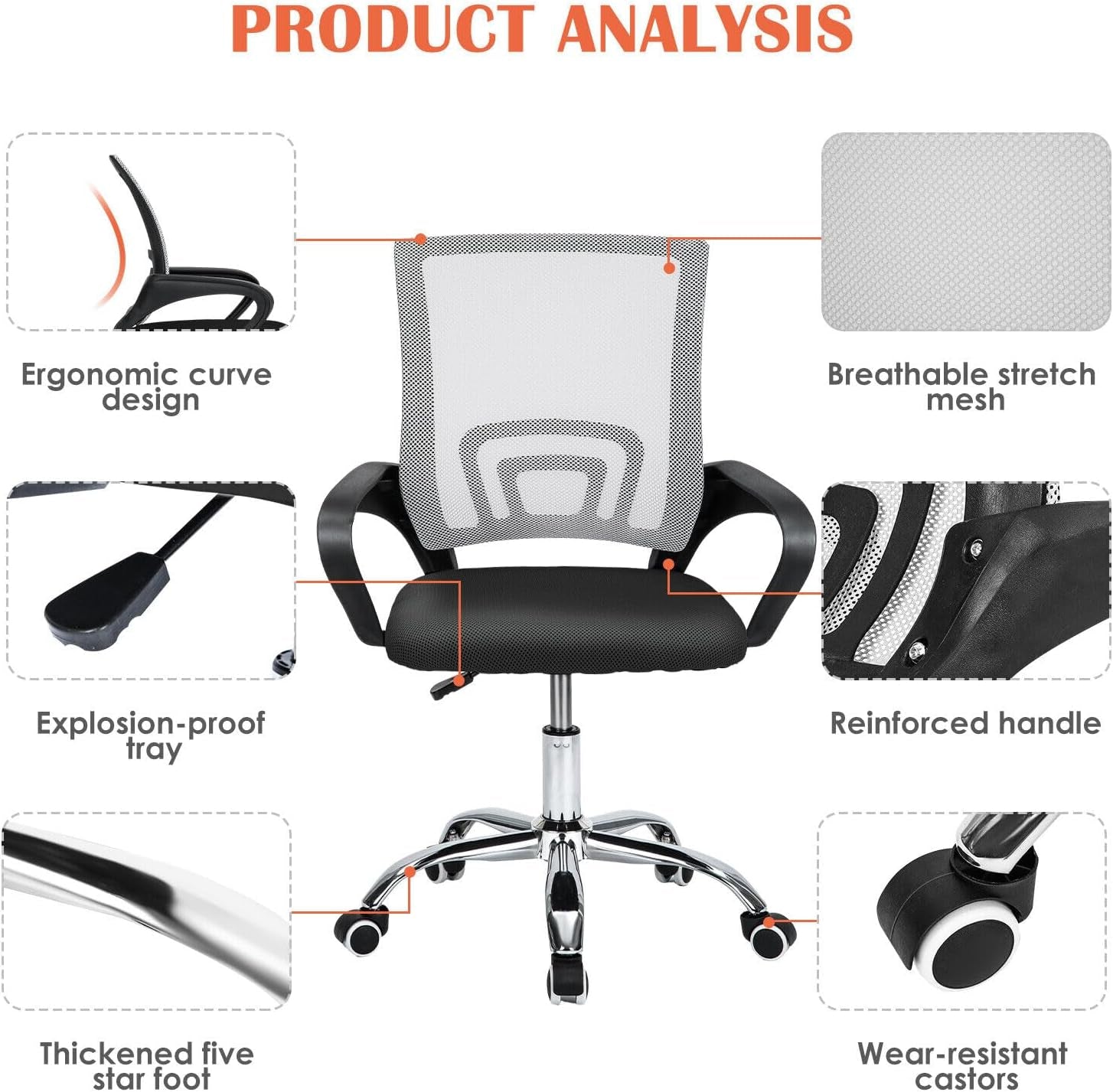 Office Chair Ergonomic Office Desk Chair Lumbar Support Height Adjustable Computer Chair 360° Swivel Comfy Executive for Home Office Chair Mesh Study Chair Space Saving Grey