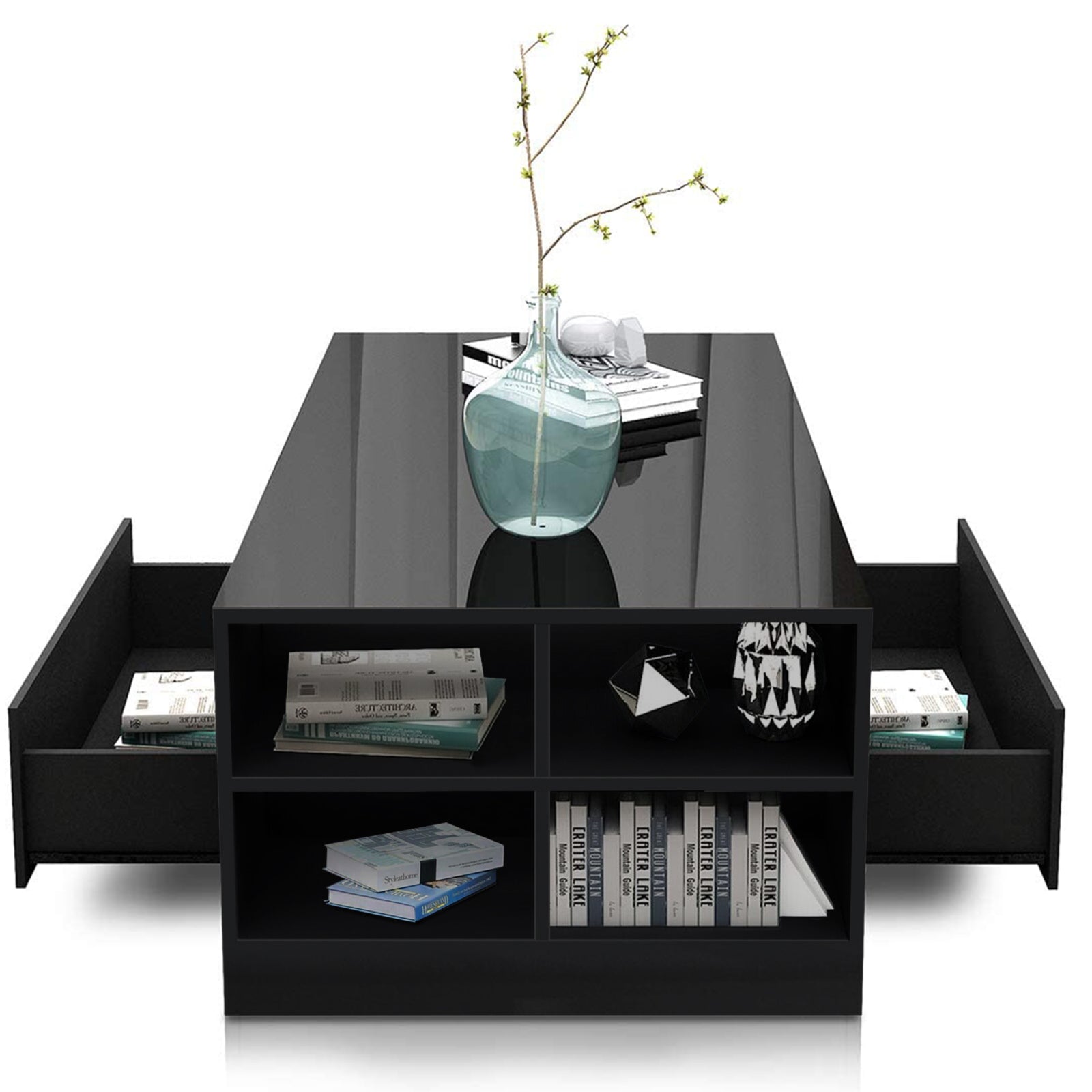 LED Coffee Table Wooden 2 Drawer Storage High Gloss Modern Living Room Furniture