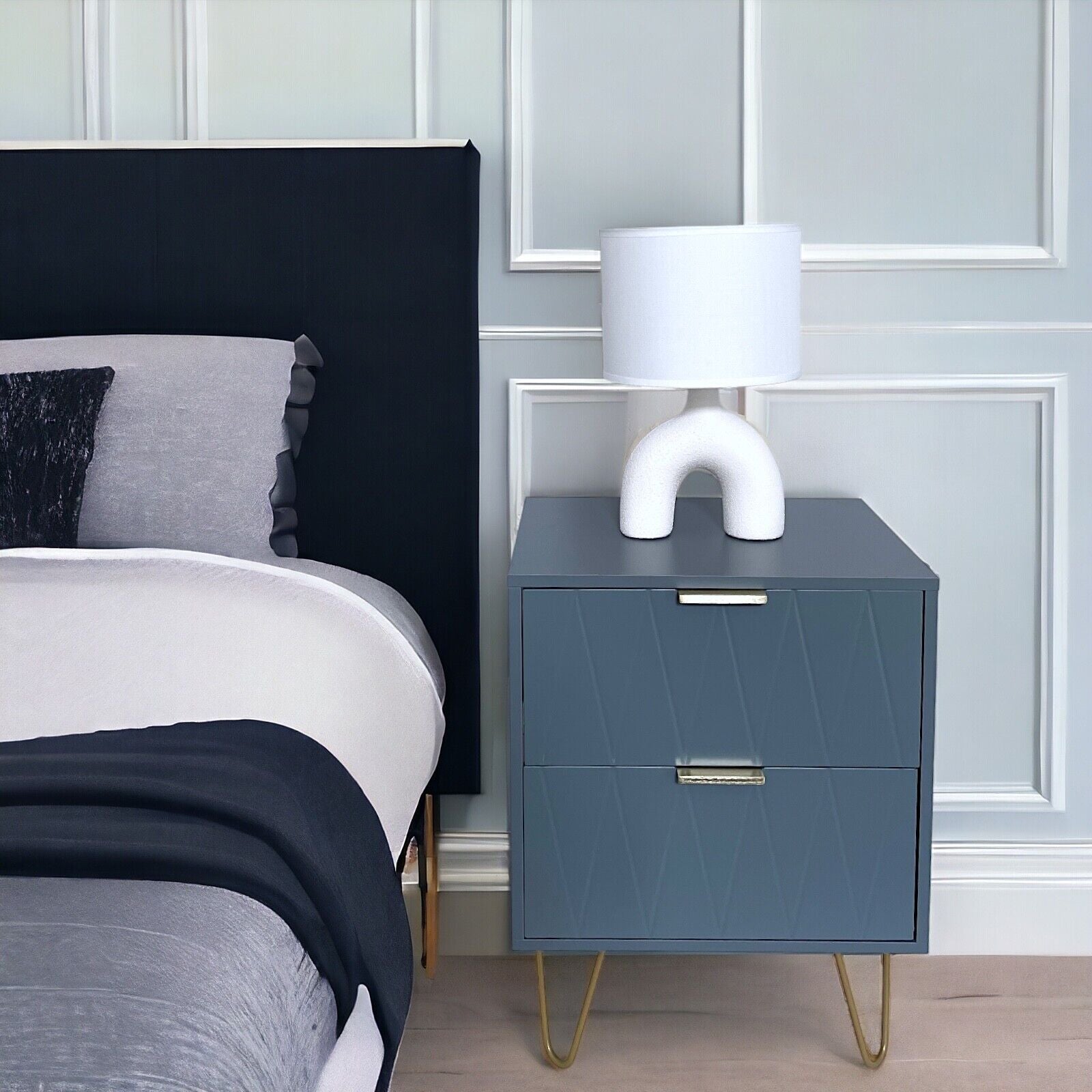 NEW Bedside Tables With 2 Drawer Gold Legs Side Table Bedroom Furniture Grey