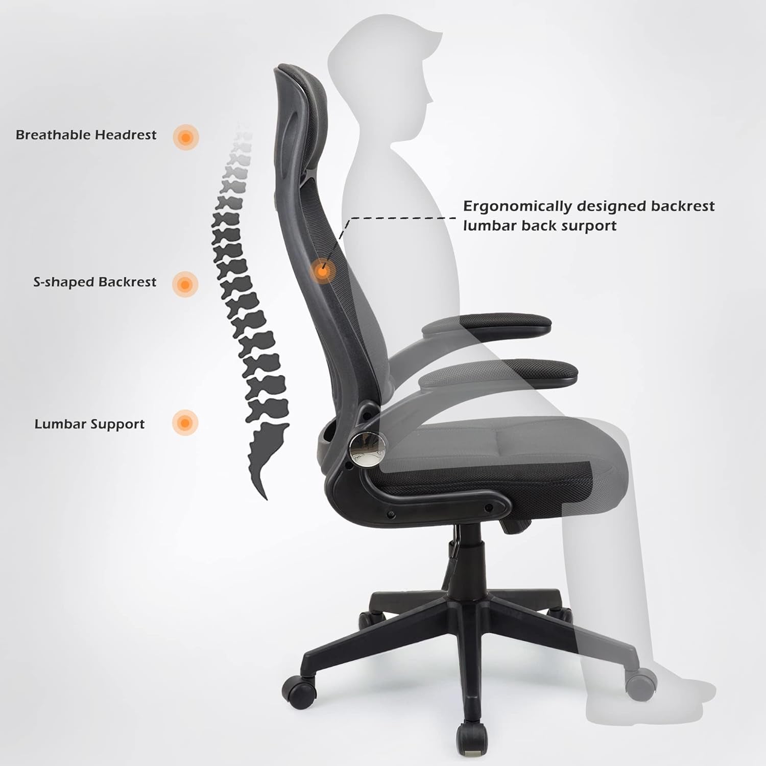 .Ergonomic Desk Chair, Swivel Chair With Adjustable Lumbar Support, Headrest And Armrest, Height Adjustment and Rocker Function, Back-Friendly Office Chair Black