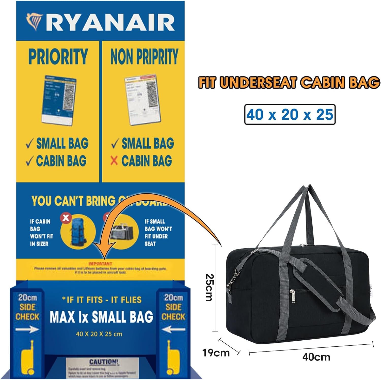 for Ryanair Cabin Bag 40X20X25 Underseat Foldable Travel Duffel Bag Holdall Tote Carry on Luggage Overnight for Women and Men 20L (Black)