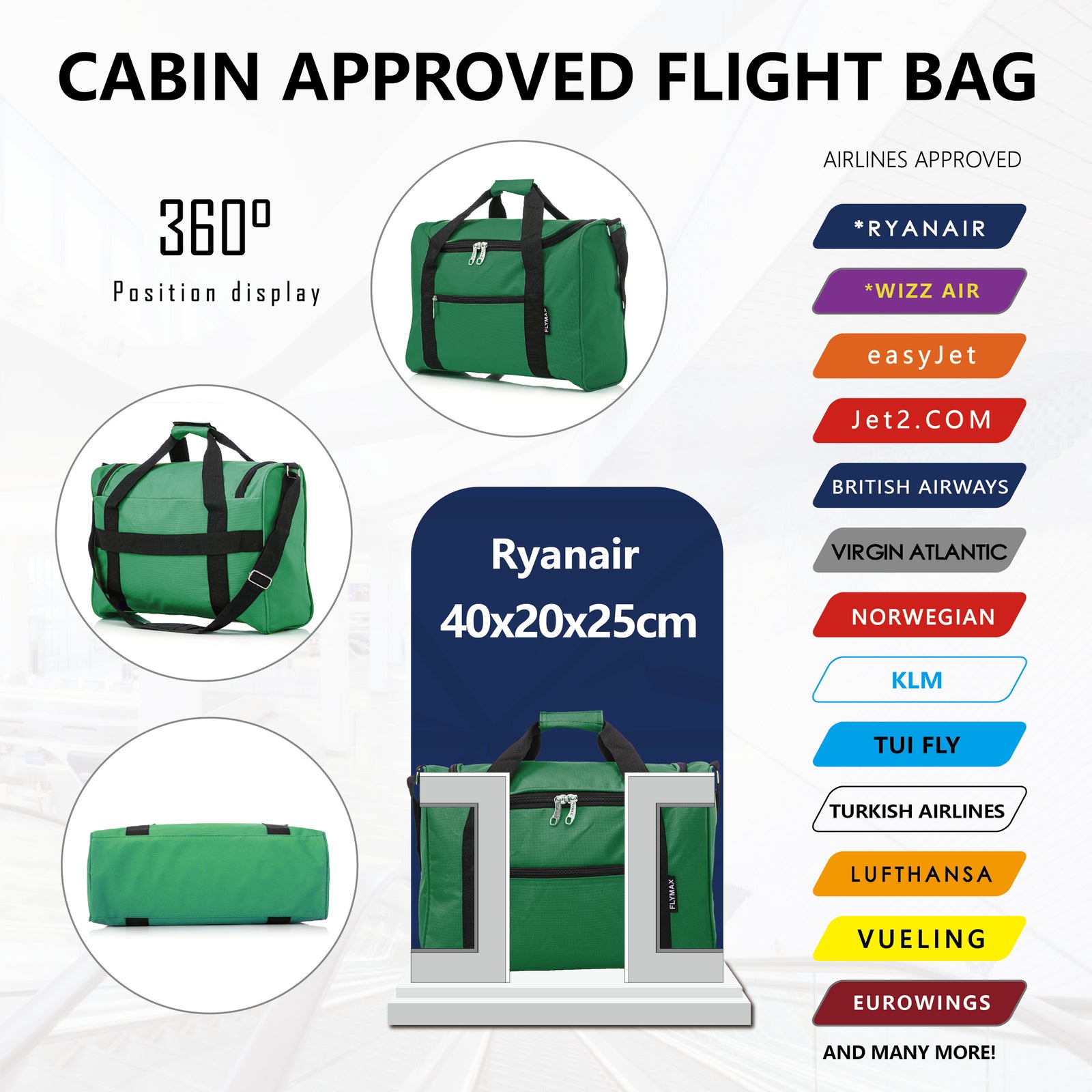 40x20x25 Ryanair Cabin Bag Carry onboard Hand Luggage Flight Bag UnderSeat Duffel Bag Holdall Bag