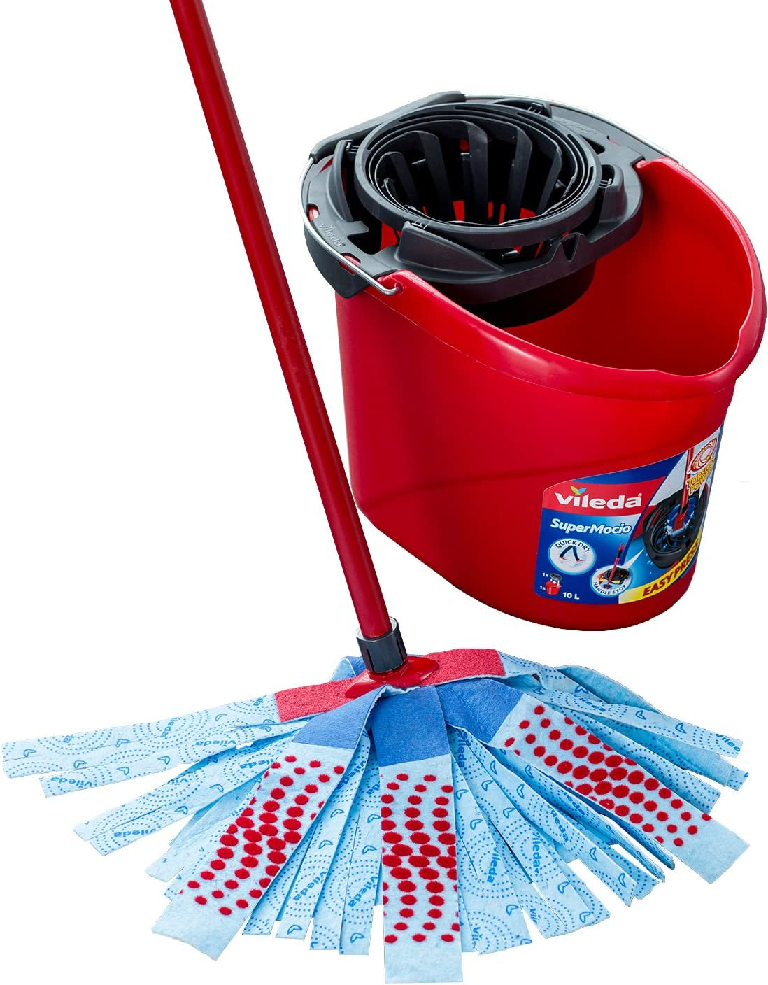 SuperMocio 3 Action Mop and Bucket Set, Mop for Cleaning Floors, Set of 1x Mop and 1 x Bucket, Red/Grey/Blue, 6 x 15 x 117 cm