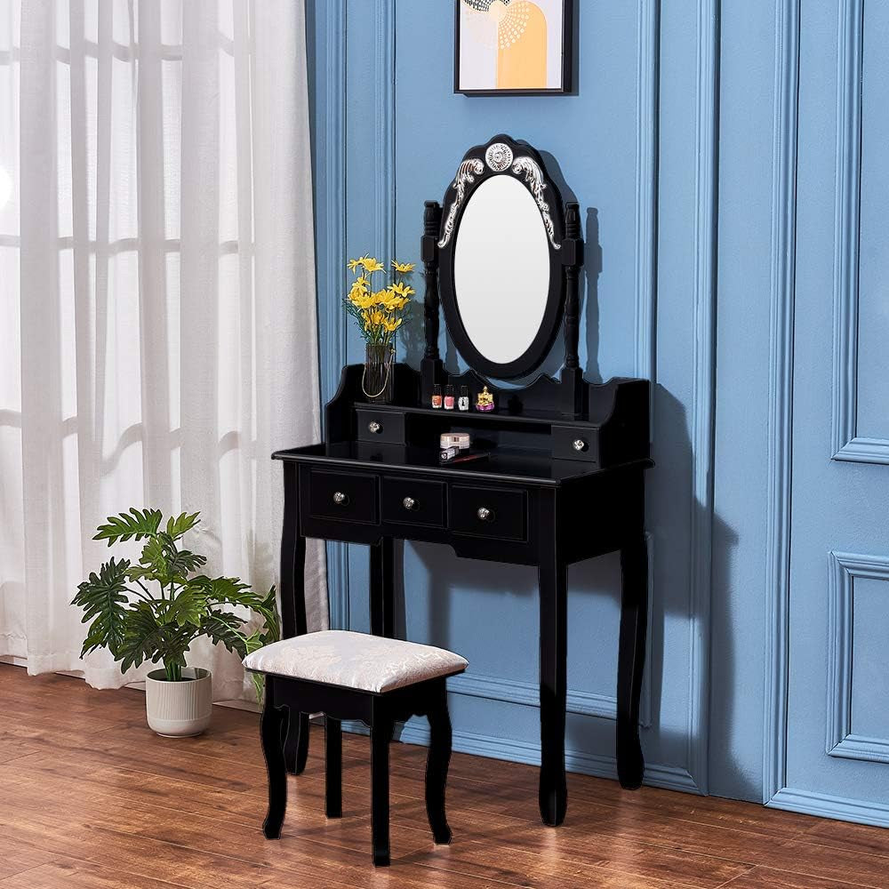 Dressing Table 5 Drawer Stool White Mirror Bedroom Makeup Desk Dresser (Black)