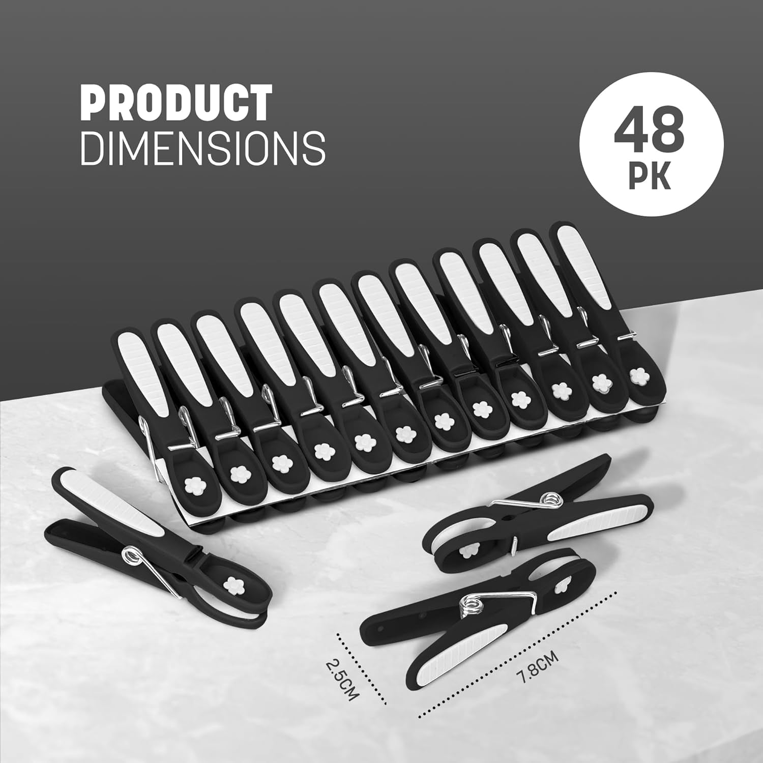 KEPLIN 48-Pack Black Laundry Pegs Durable Plastic Clothespins with Strong Spring & Secure Clamping for Indoor & Outdoor Use - Safe, Odourless & UV Resistant (Black)